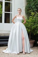 beads embellished pleated strapless wedding dress