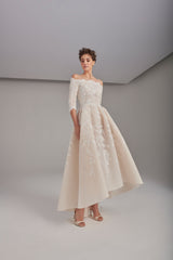 Fully embroidered box-pleated wedding dress with intricate lace
