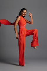 Cape crepe jumpsuit with overlap pleated top