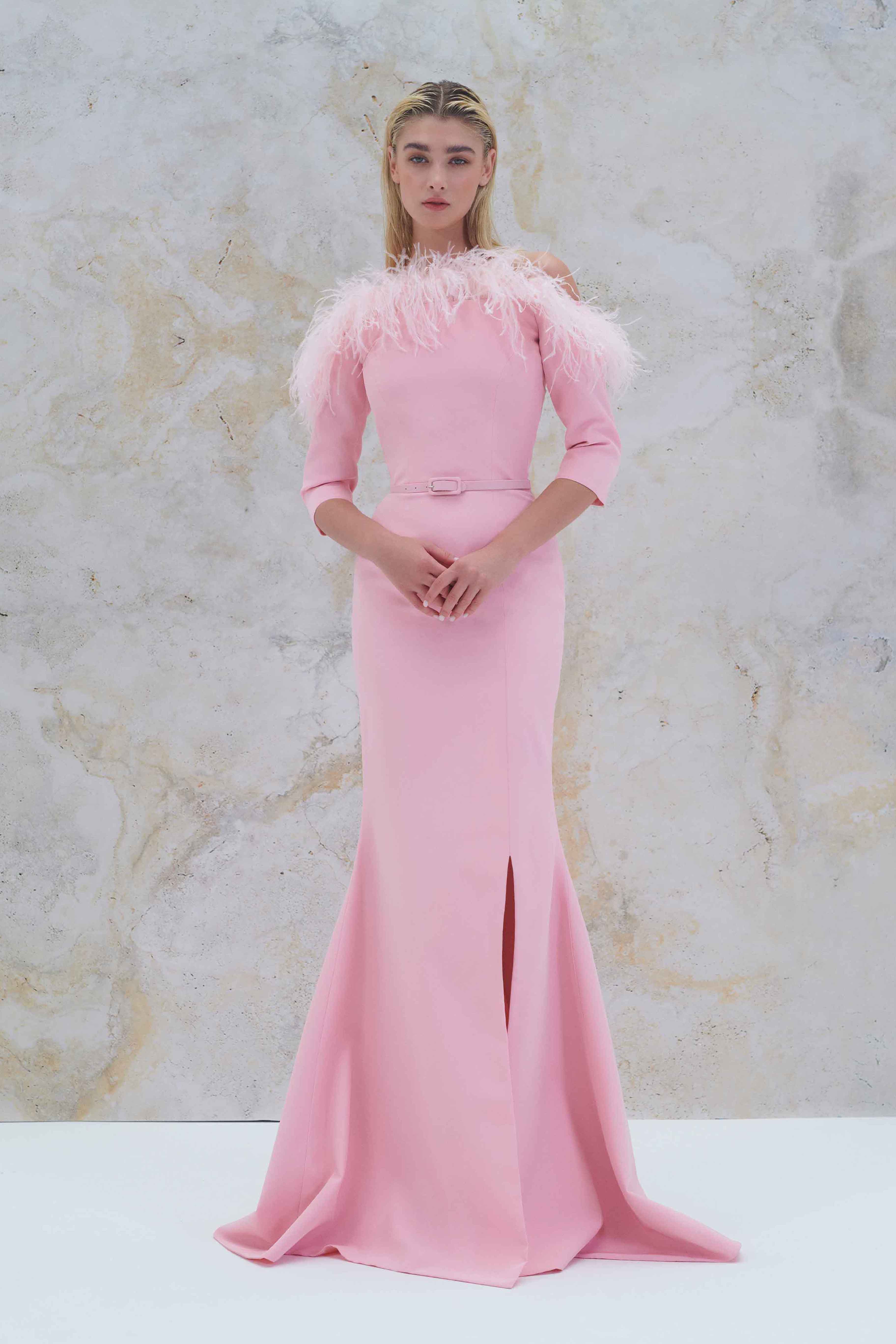 Royal Mermaid Side Slit Dress With Feather Fringe Design