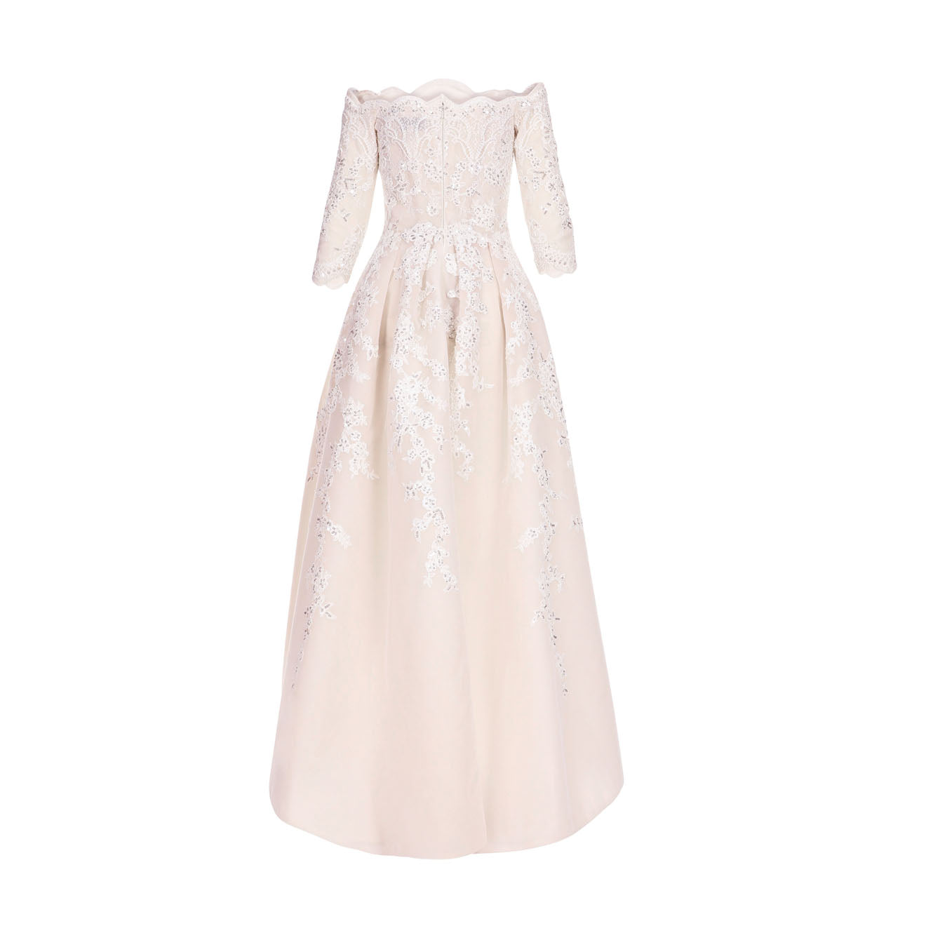 Fully embroidered box-pleated wedding dress with intricate lace (Sale)
