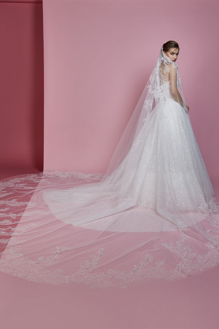 one layer of soft tulle with Branches of beaded embroidery coming from the top and along the borders all around