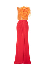 Fully Beaded Top With Statement Flower Piece And Draped Overlap Skirt