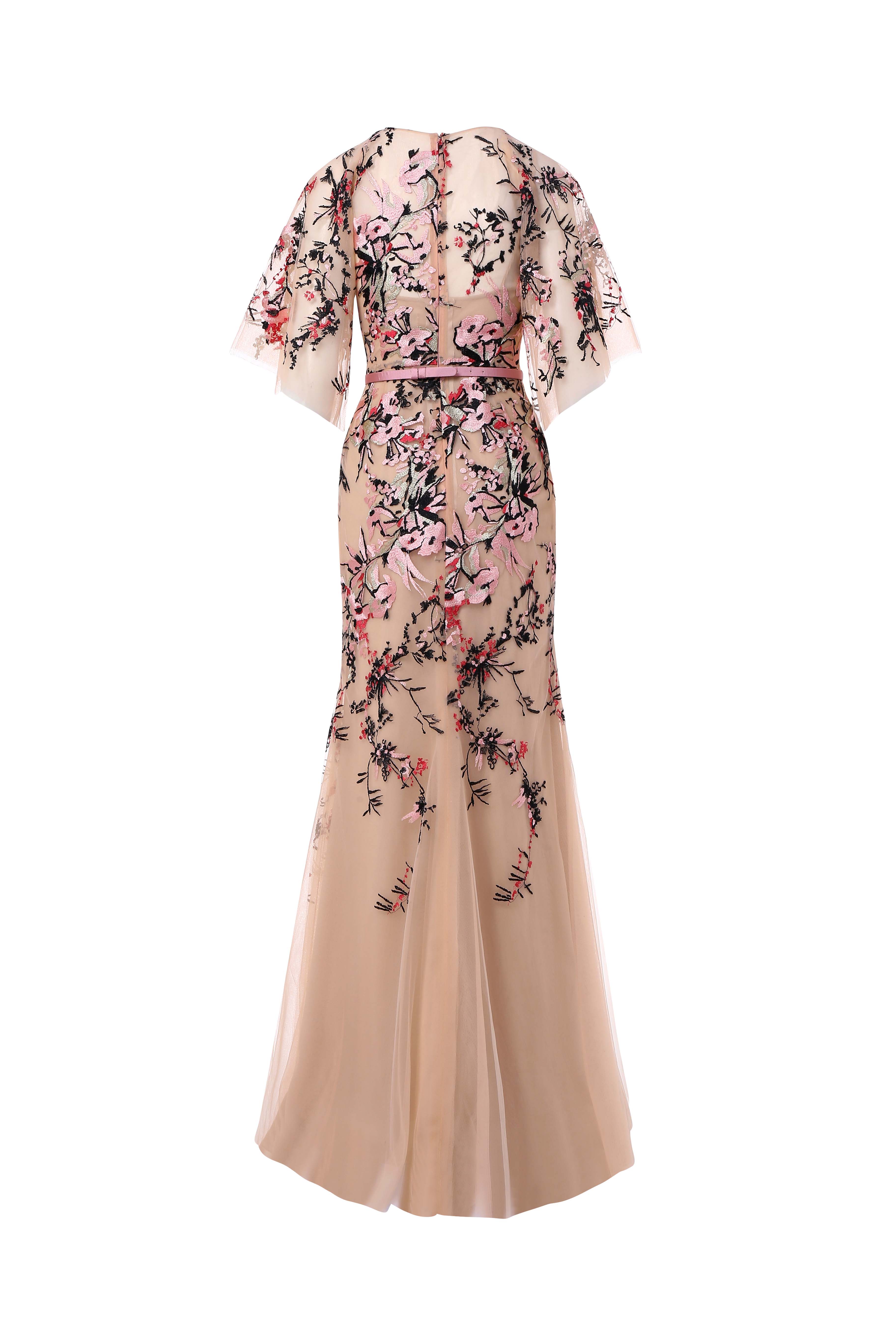 Floral Fully Embroidered Short Sleeved Side Slit Dress