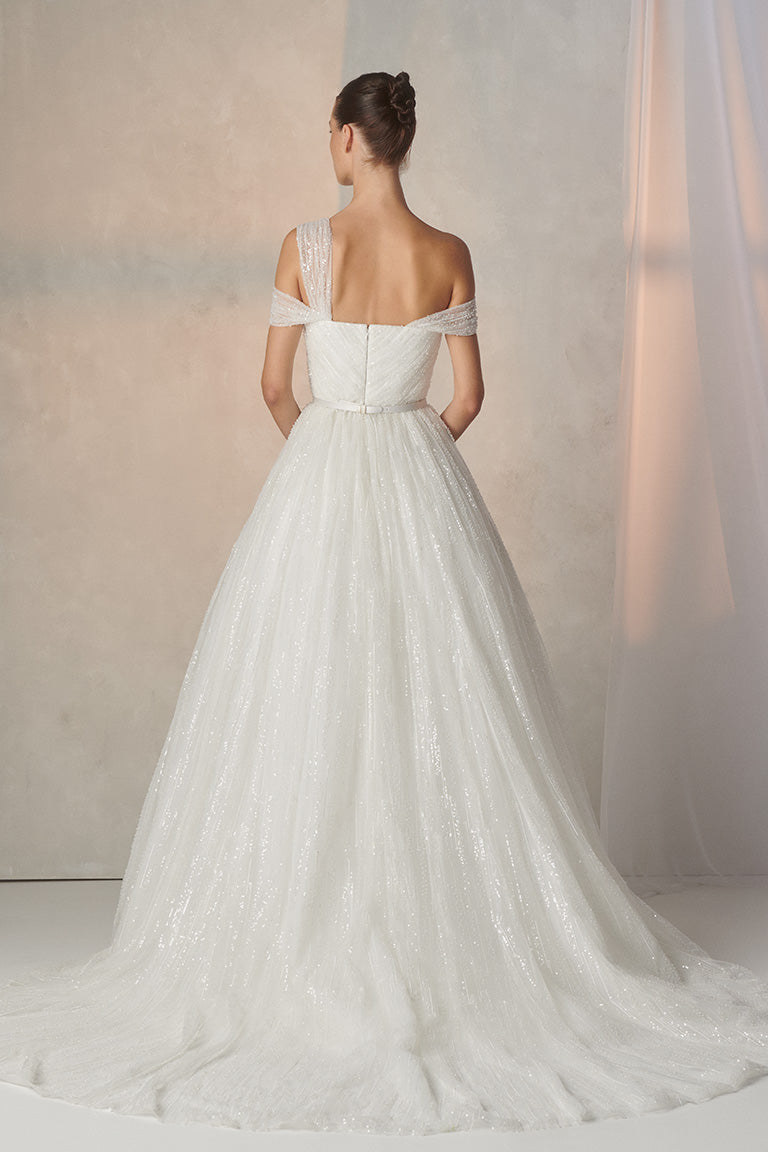 Shimmery off shoulder tulle wedding dress