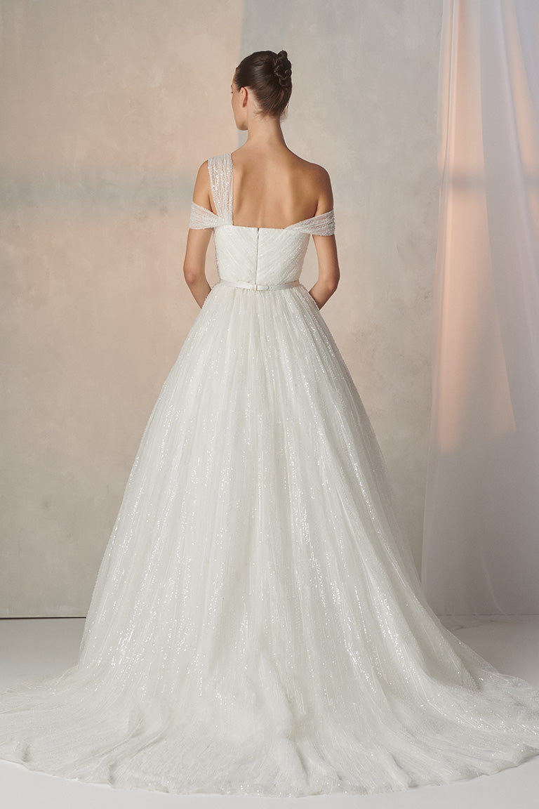 Shimmery Off Shoulder Tulle Wedding Dress