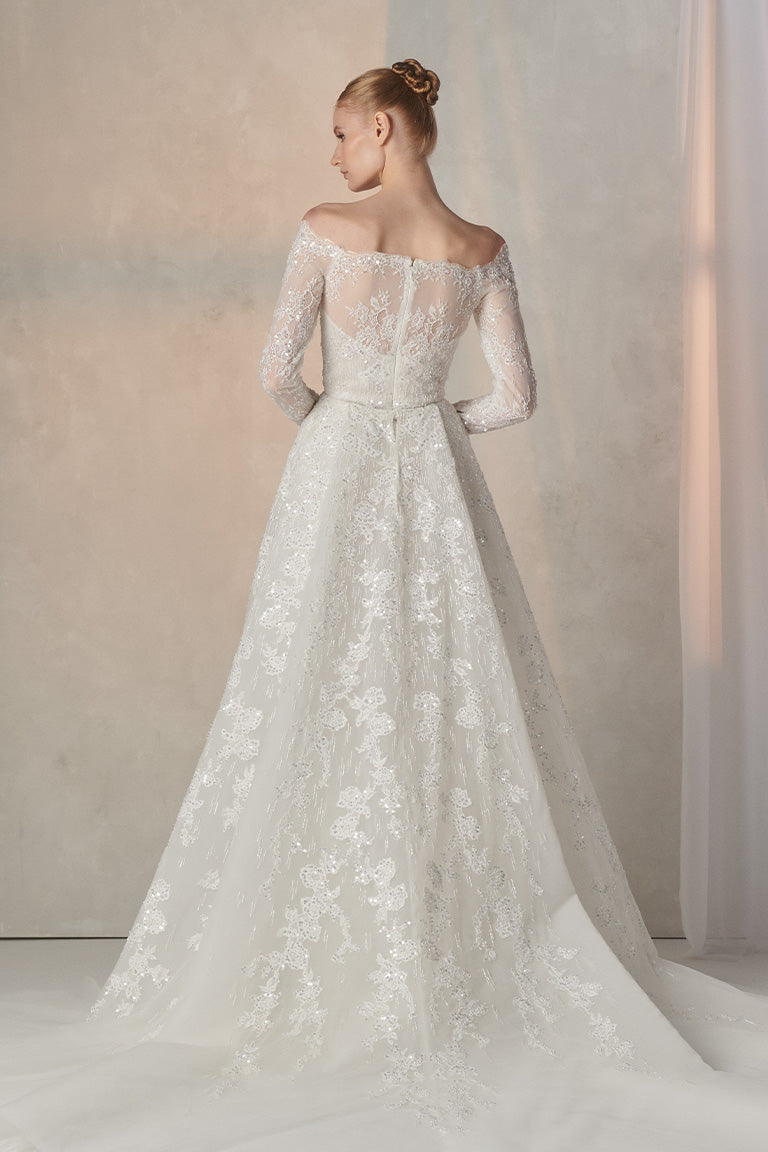 Fully Beaded Mermaid Lace Wedding Dress, With Big Volume Overskirt