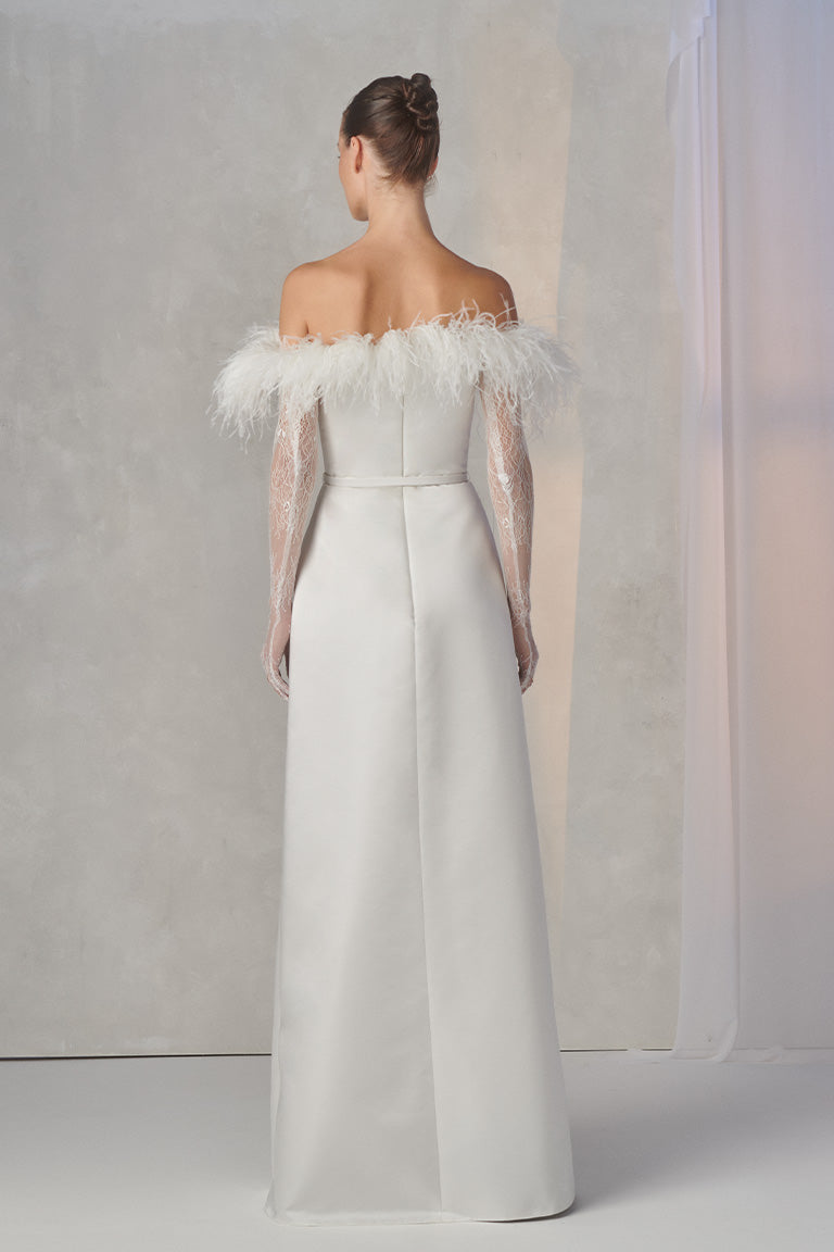 Feather Fringe Satin Wedding Dress