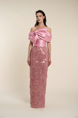 Knotted Bow Top With Sequined Long Skirt