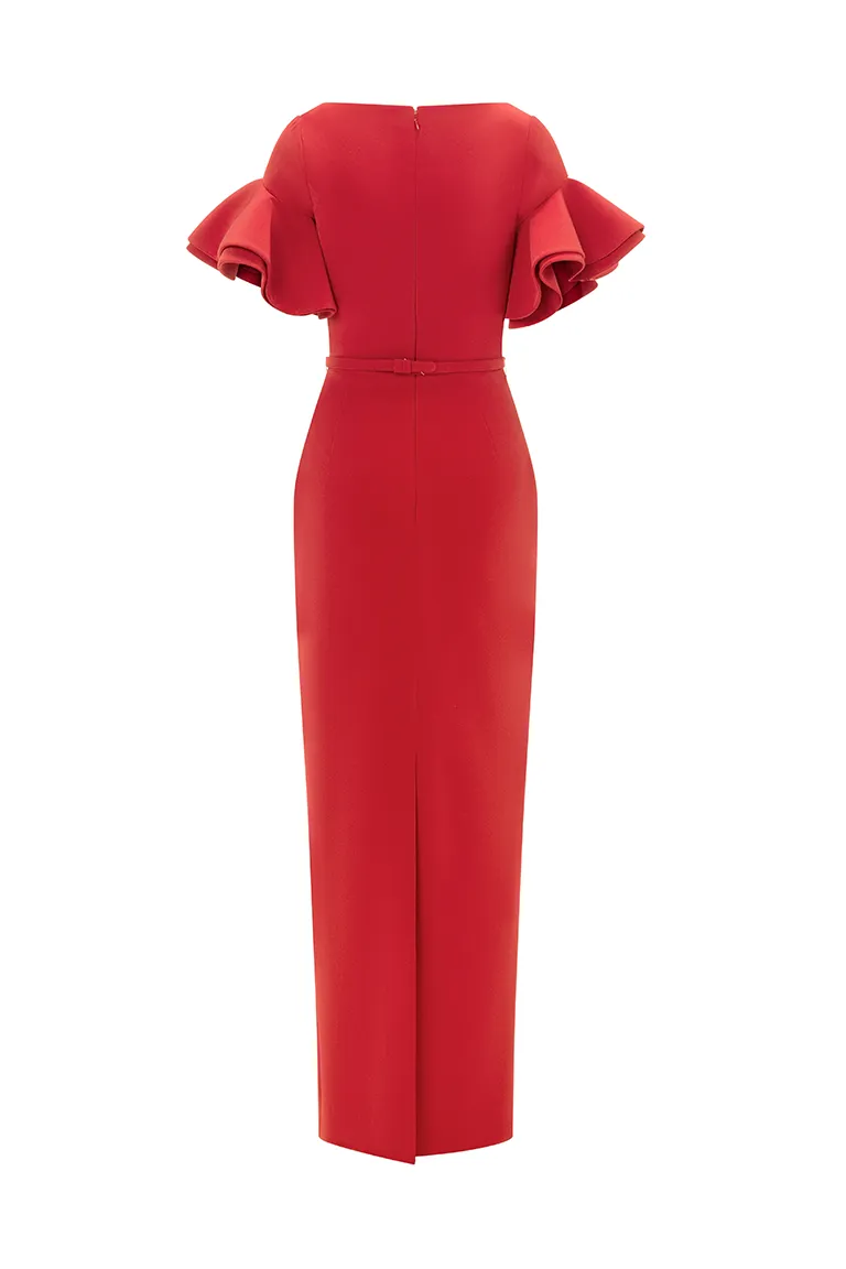  mother of the bride, dress with slit, high back slit, full length, crepe dress, fitted crepe dress,ruffled short sleeves, long dress, v neckline, evening dress, red dress, red carpet dress,  ready to wear designer, evening dress Dubai, buy dress Dubai, fashion designer Dubai,  Autumn-Winter collection, gala dress