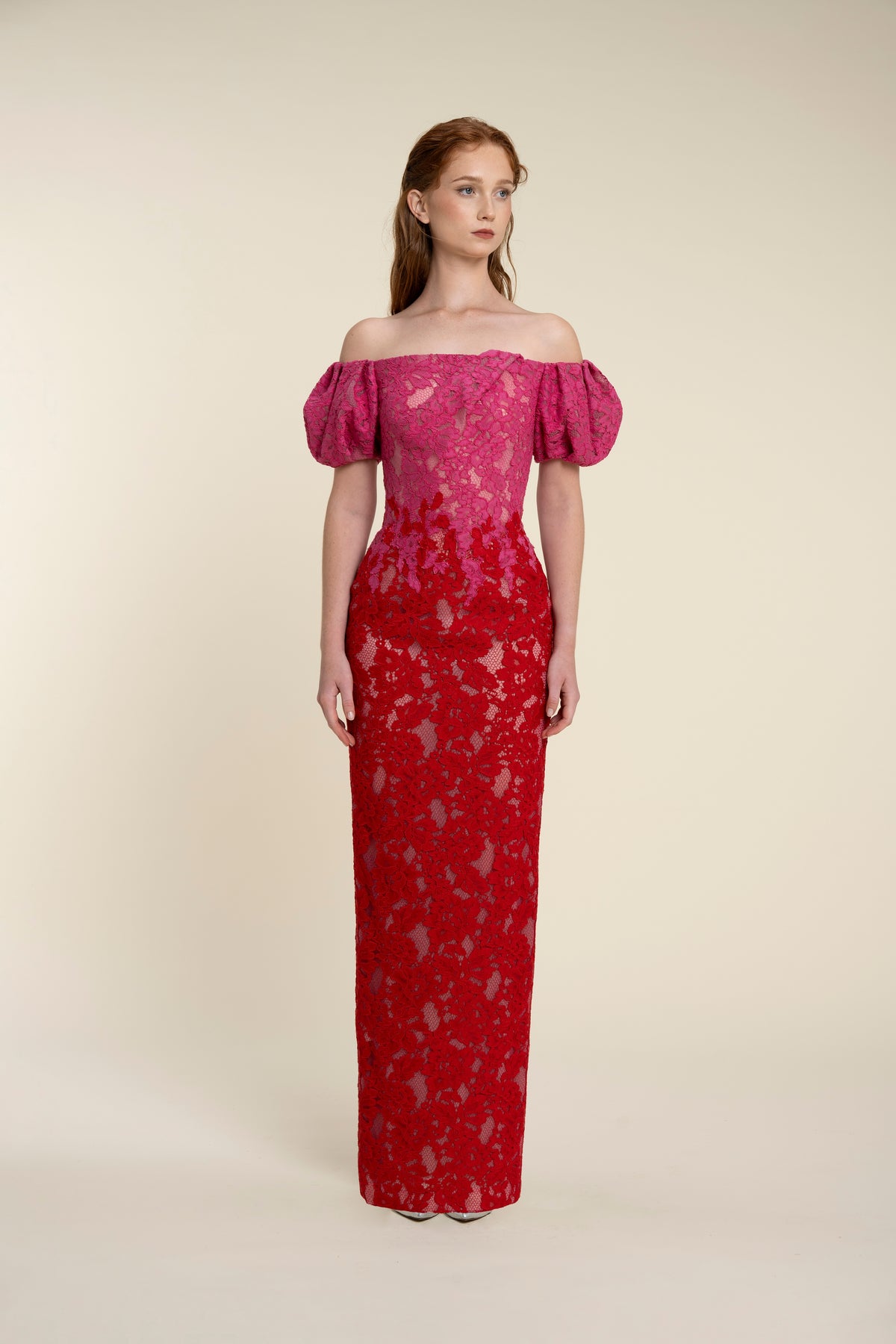 Off-Shoulder Lace Dress With Two Contrasting Colour