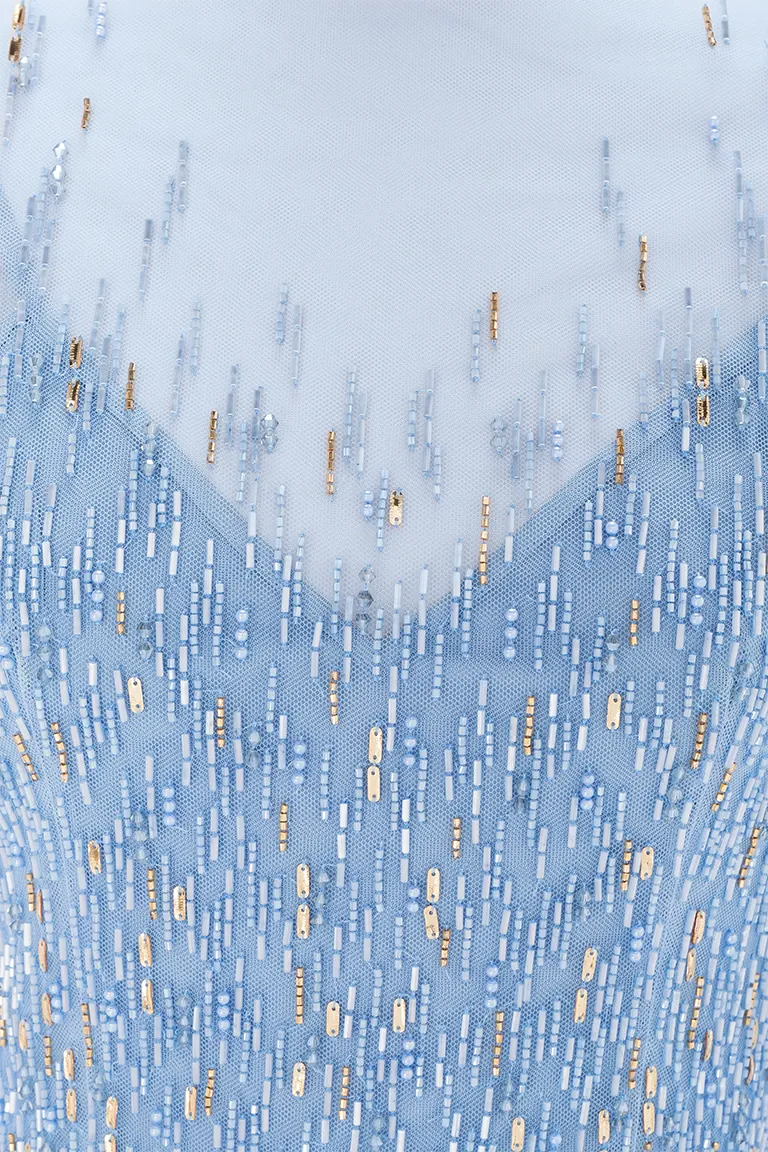 mother of the bride, beadwork, blue dress, embroidery, beading, flowy fully embellished cape dress,capes dress,  tulle dress, ball gown, long dress, tulle cape, evening dress, beading dress, red carpet dress, ready to wear designer, evening dress Dubai, buy dress Dubai, fashion designer Dubai, Autumn-Winter collection, gala dress