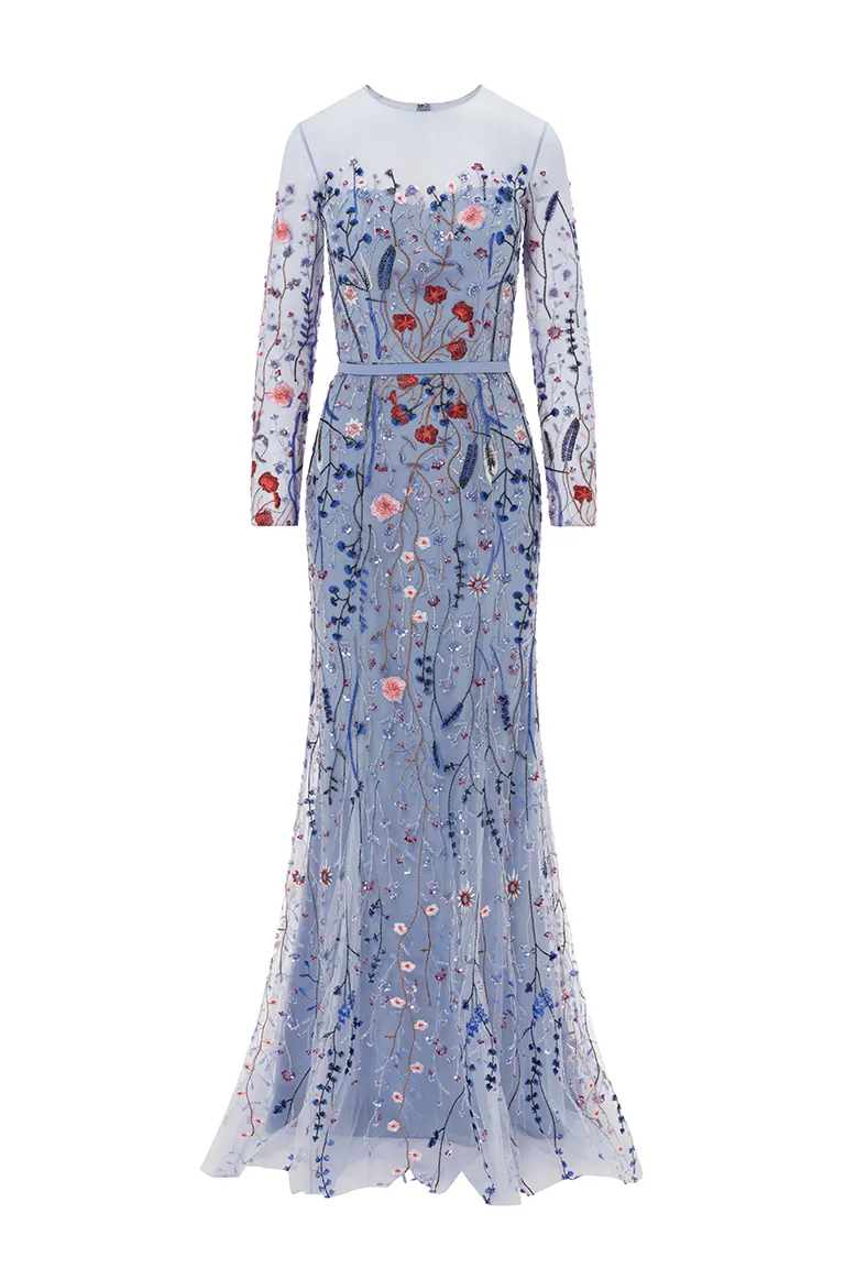 fully beadeed tulle dress, beading, mermaid gown, mother of the bride, full length, long dress, long sheer sleeves, floral dress, evening dress, blue dress, beading dress,  embellished dress, red carpet dress, ready to wear designer, evening dress Dubai, buy dress Dubai, fashion designer Dubai, Autumn-Winter collection, gala dress