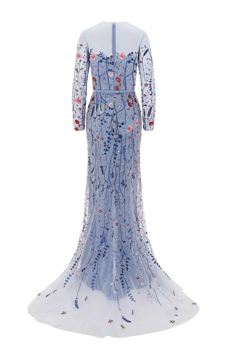 fully beadeed tulle dress, beading, mermaid gown, mother of the bride, full length, long dress, long sheer sleeves, floral dress, evening dress, blue dress, beading dress,  embellished dress, red carpet dress, ready to wear designer, evening dress Dubai, buy dress Dubai, fashion designer Dubai, Autumn-Winter collection, gala dress