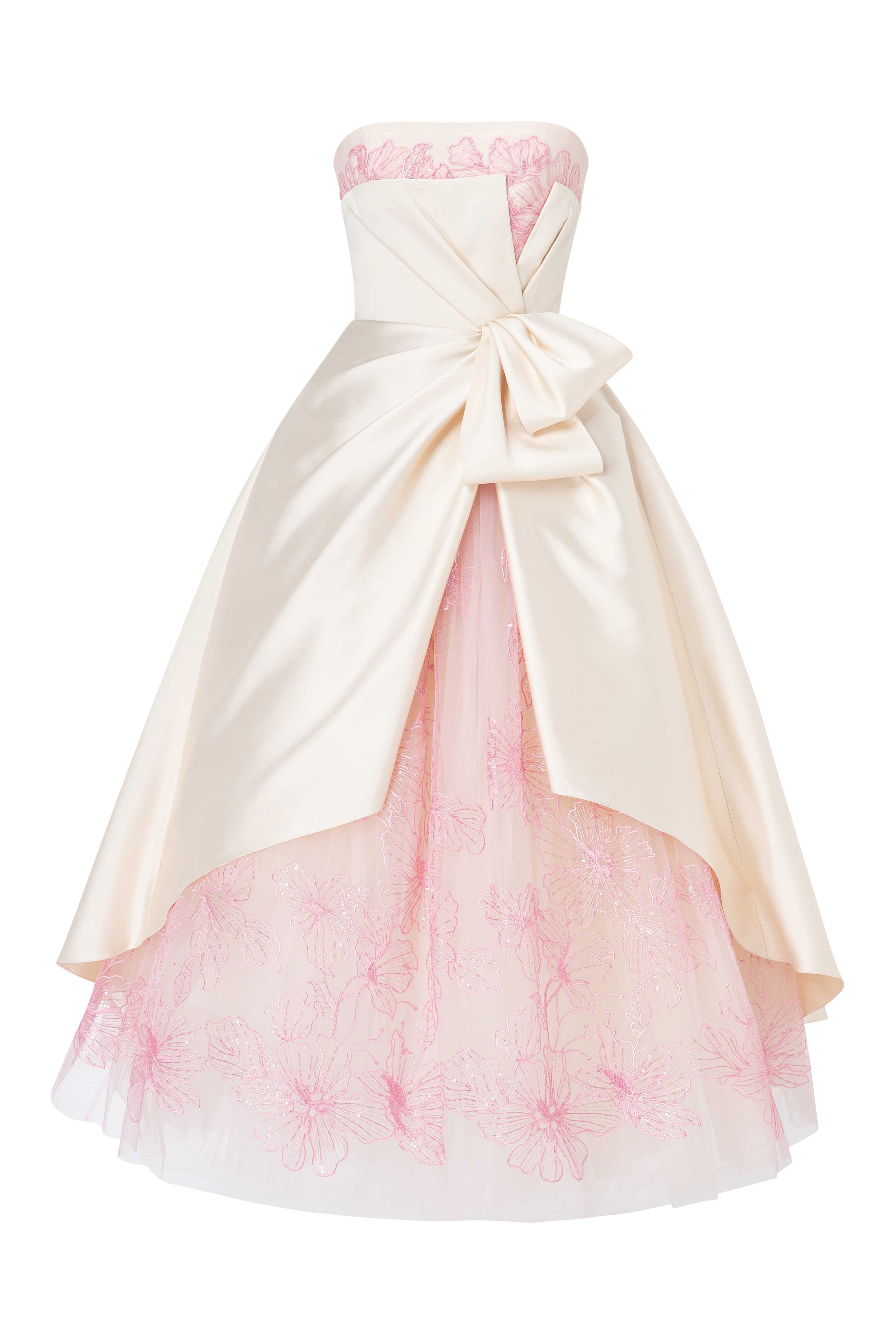 Voluminous Tea-Length Dress With Asymmetrically Draped Overlay