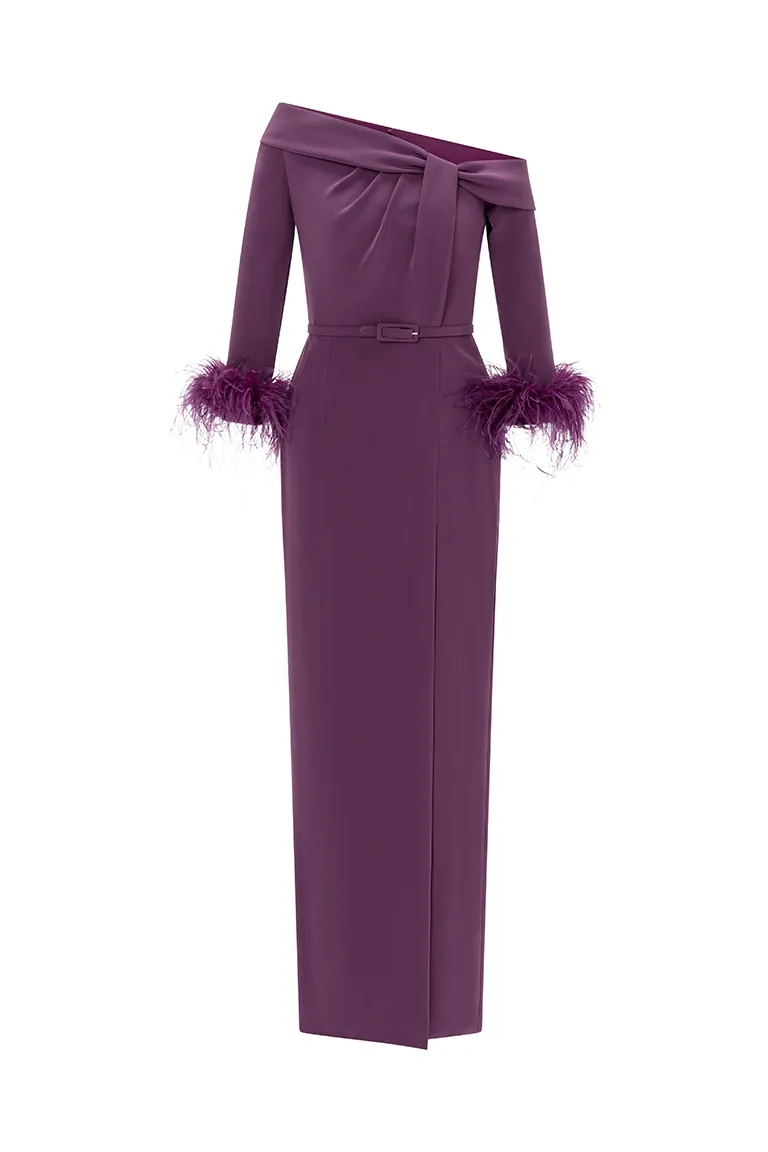 off-shoulder dress, crepe dress, asymmetrical dress, purple dress, fitted dress, feathered sleeves, long sleeves, slit, high side slit, party dress,red carpet dress, ready to wear designer, evening dress Dubai, buy dress Dubai, fashion designer Dubai, Autumn-Winter collection, gala dress