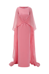 Symmetrically Pleated Tubino Gown With Chiffon Cape Overlay