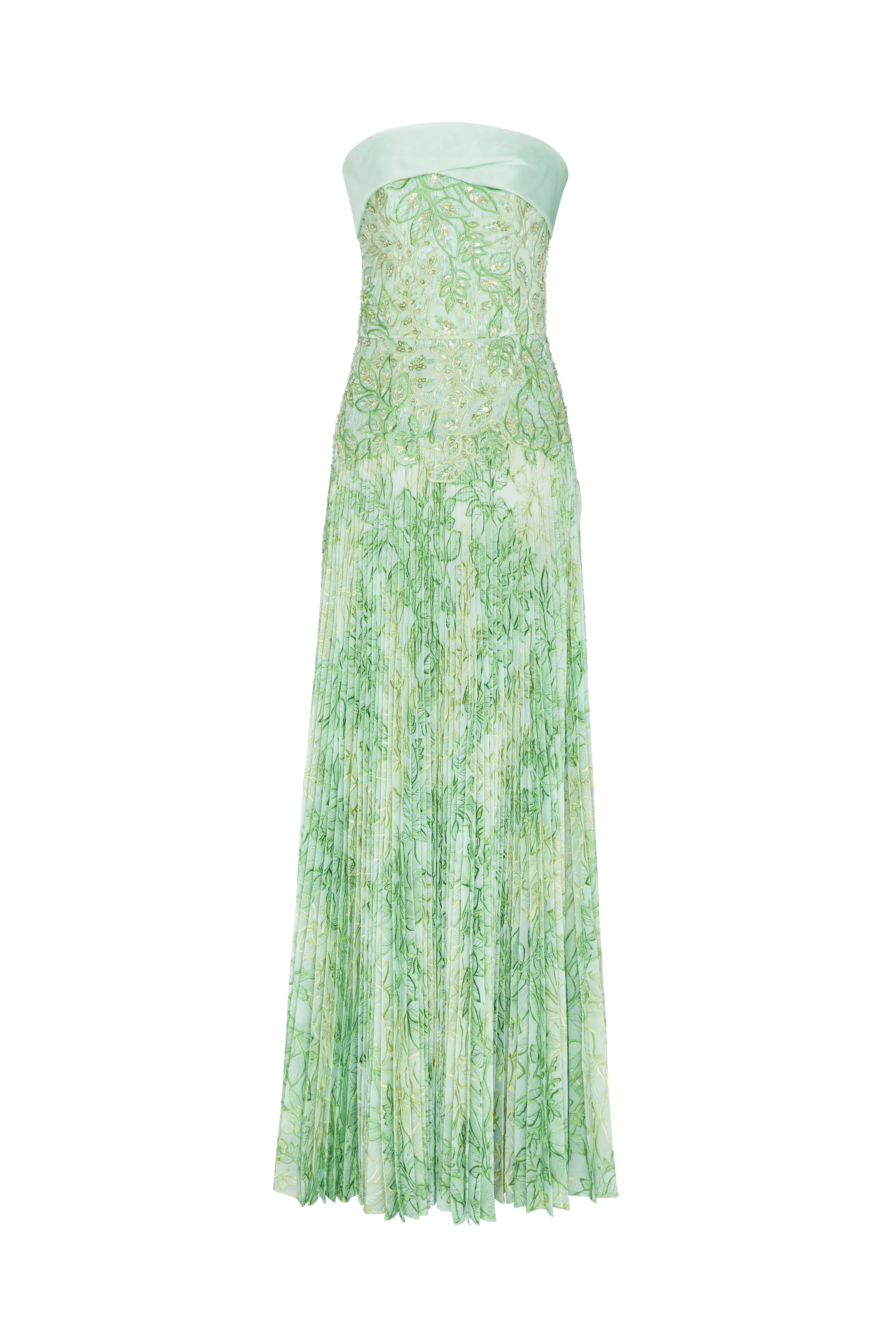 Beaded Strapless Gown With Electric Pleated Skirt