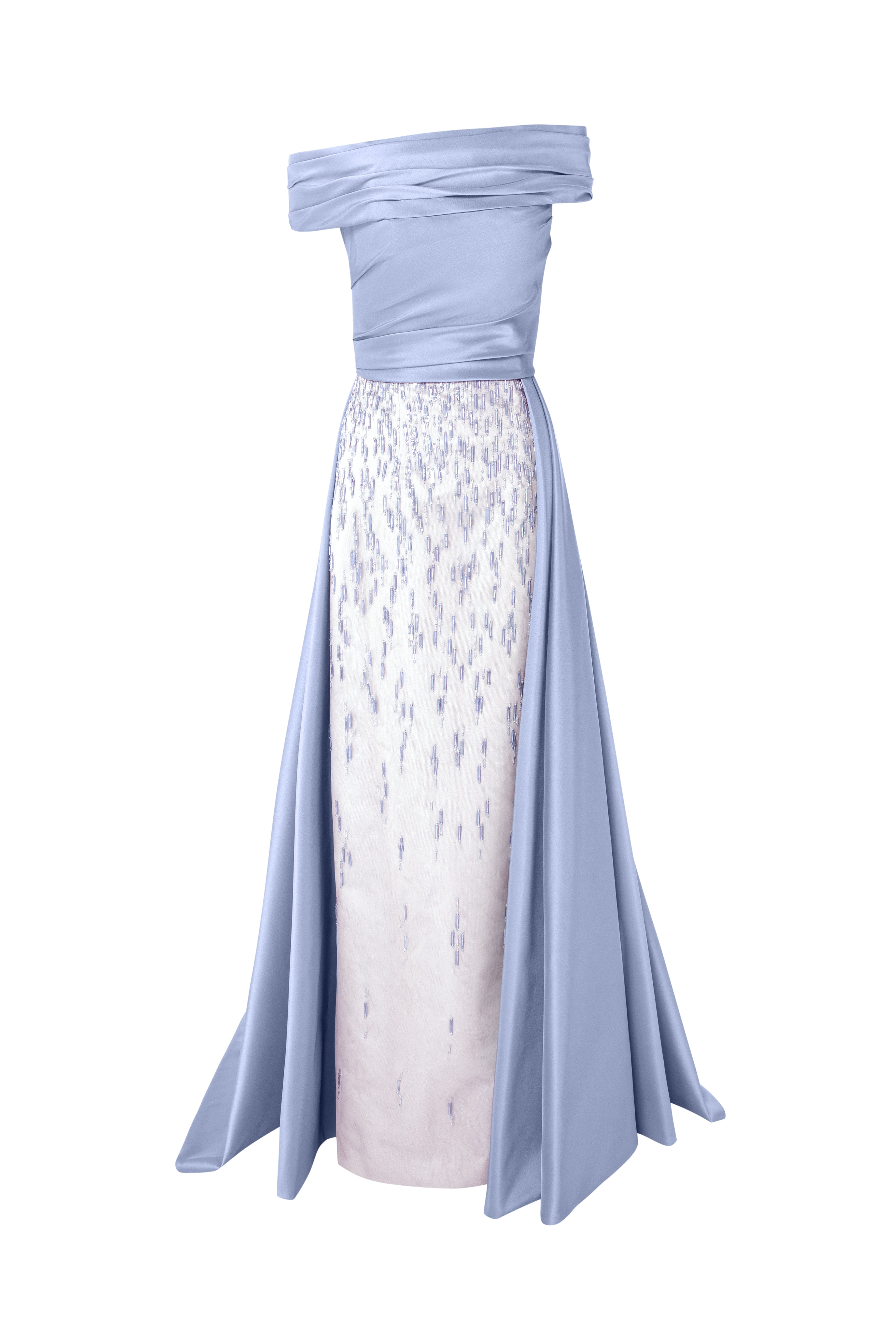 Asymmetric Off-Shoulder Beaded Gown With Overskirt