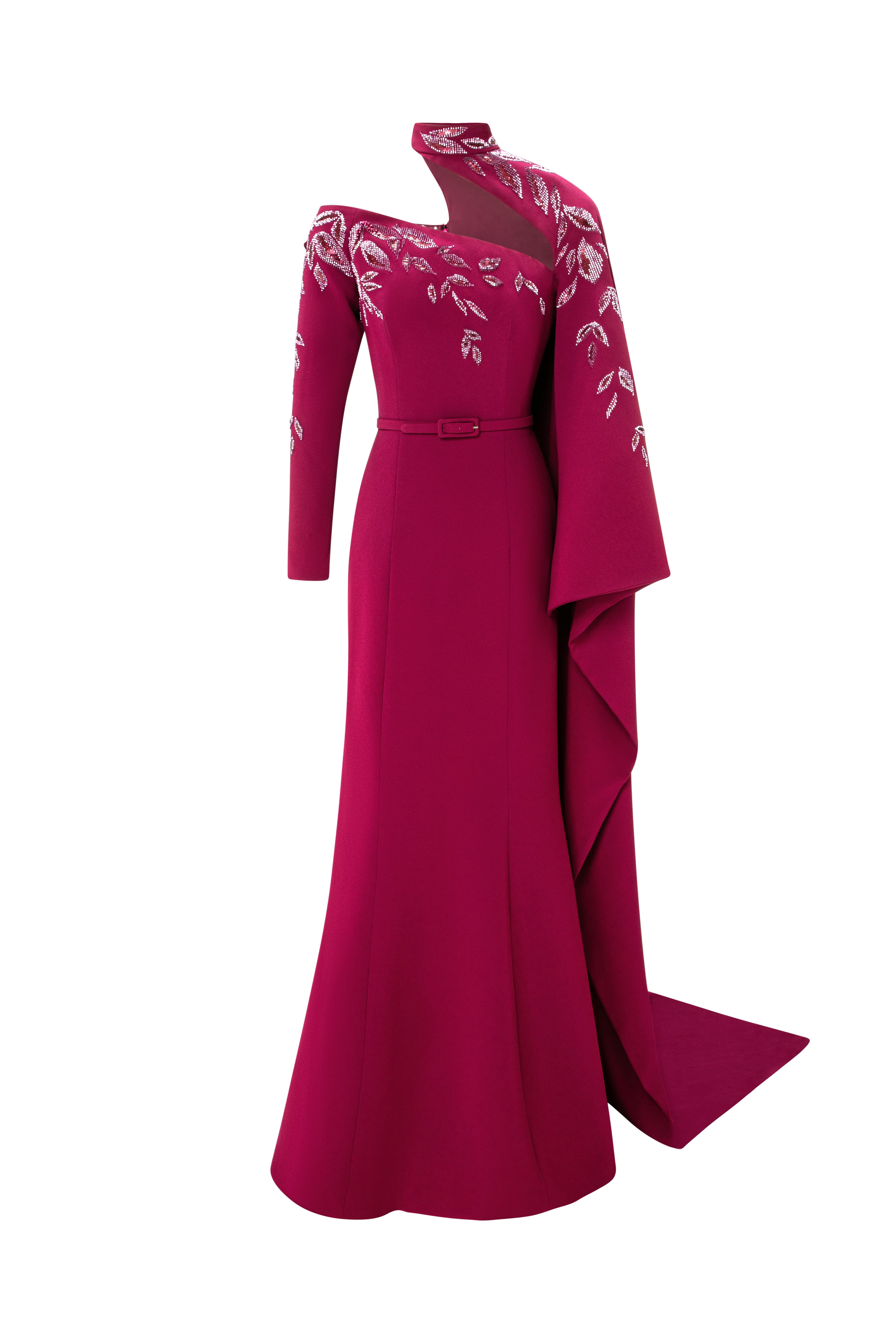 Asymmetrical Off-Shoulder Gown With floor-length cape