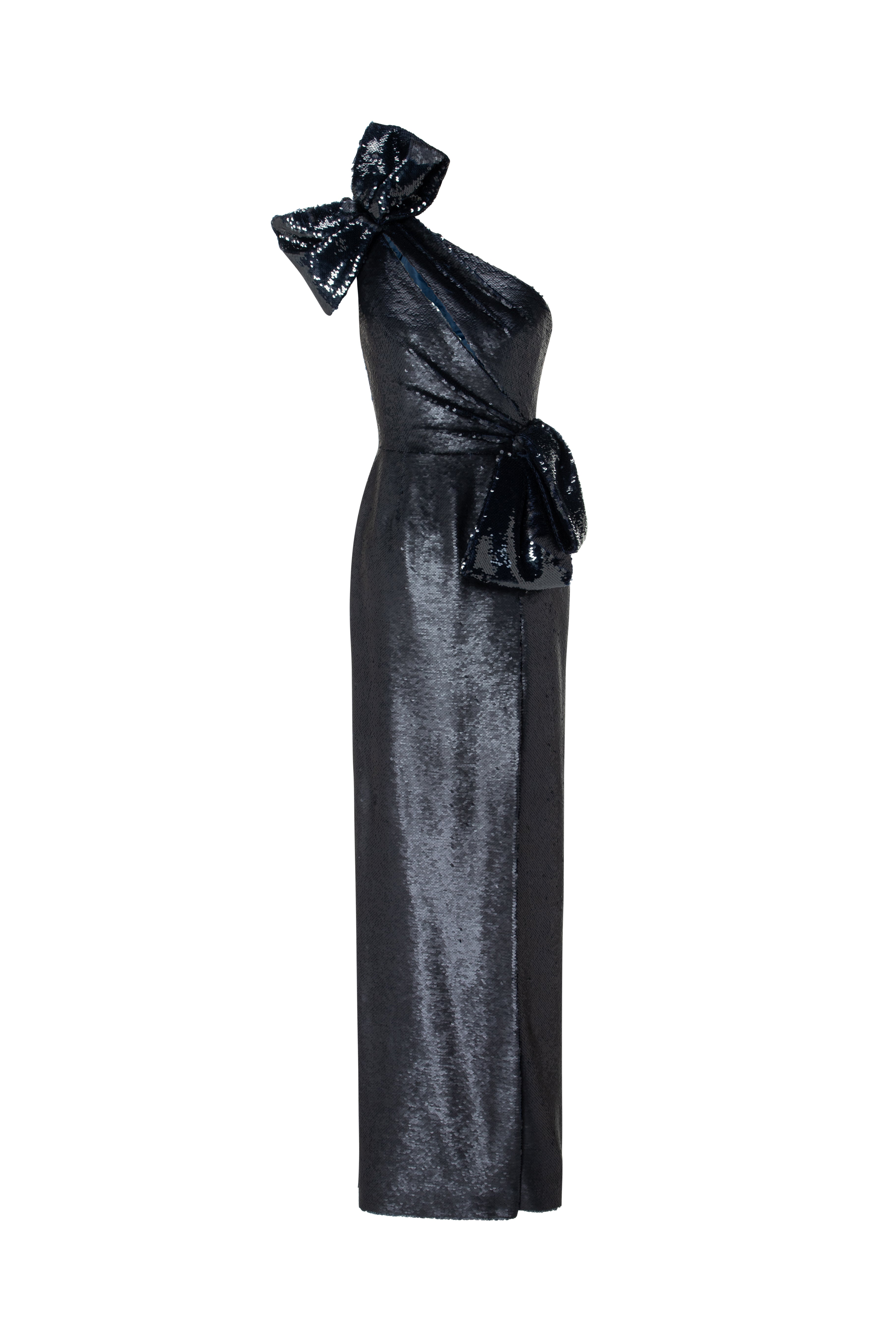 One-Shoulder Sequined Gown With Draped Bows