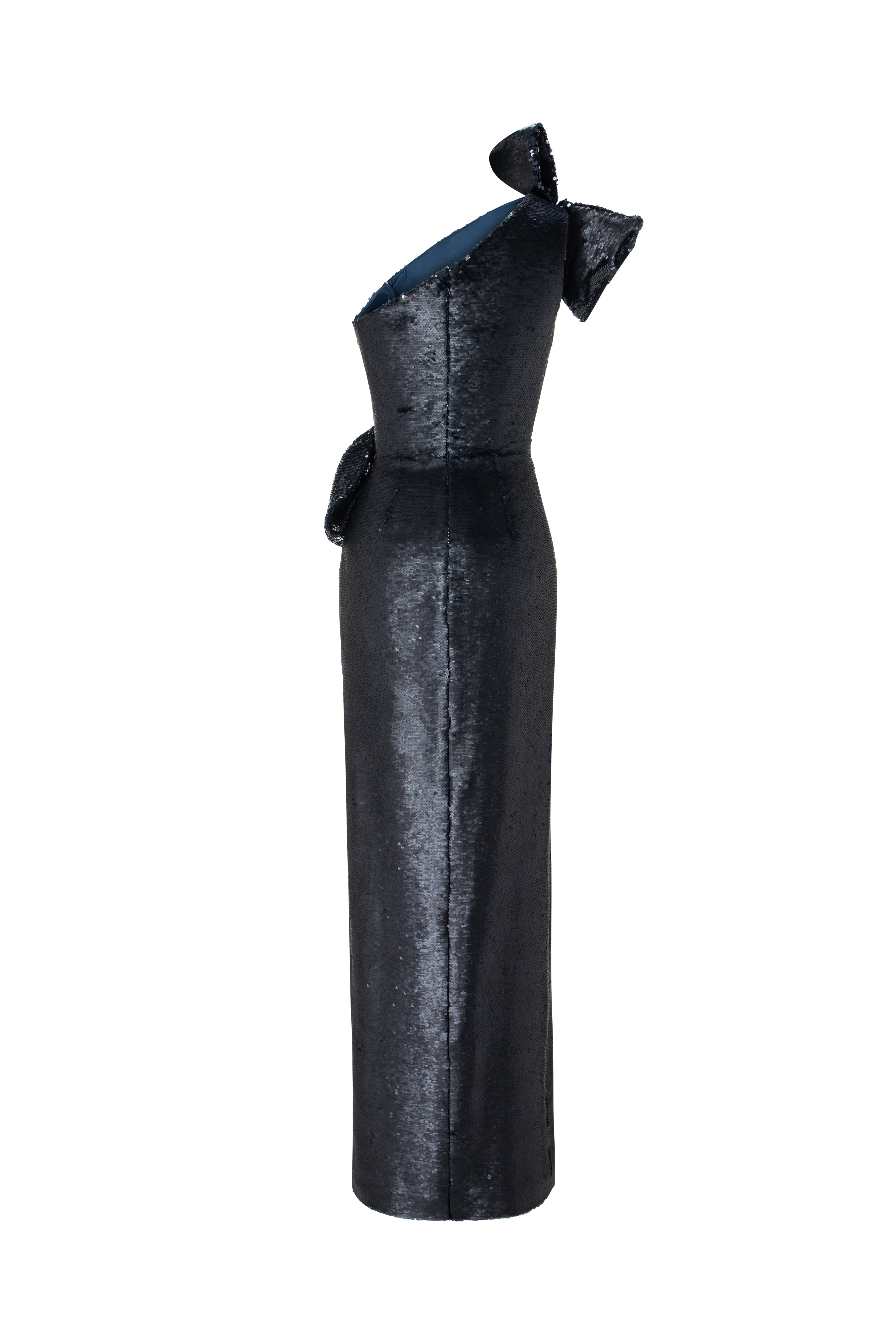 One-Shoulder Sequined Gown With Draped Bows