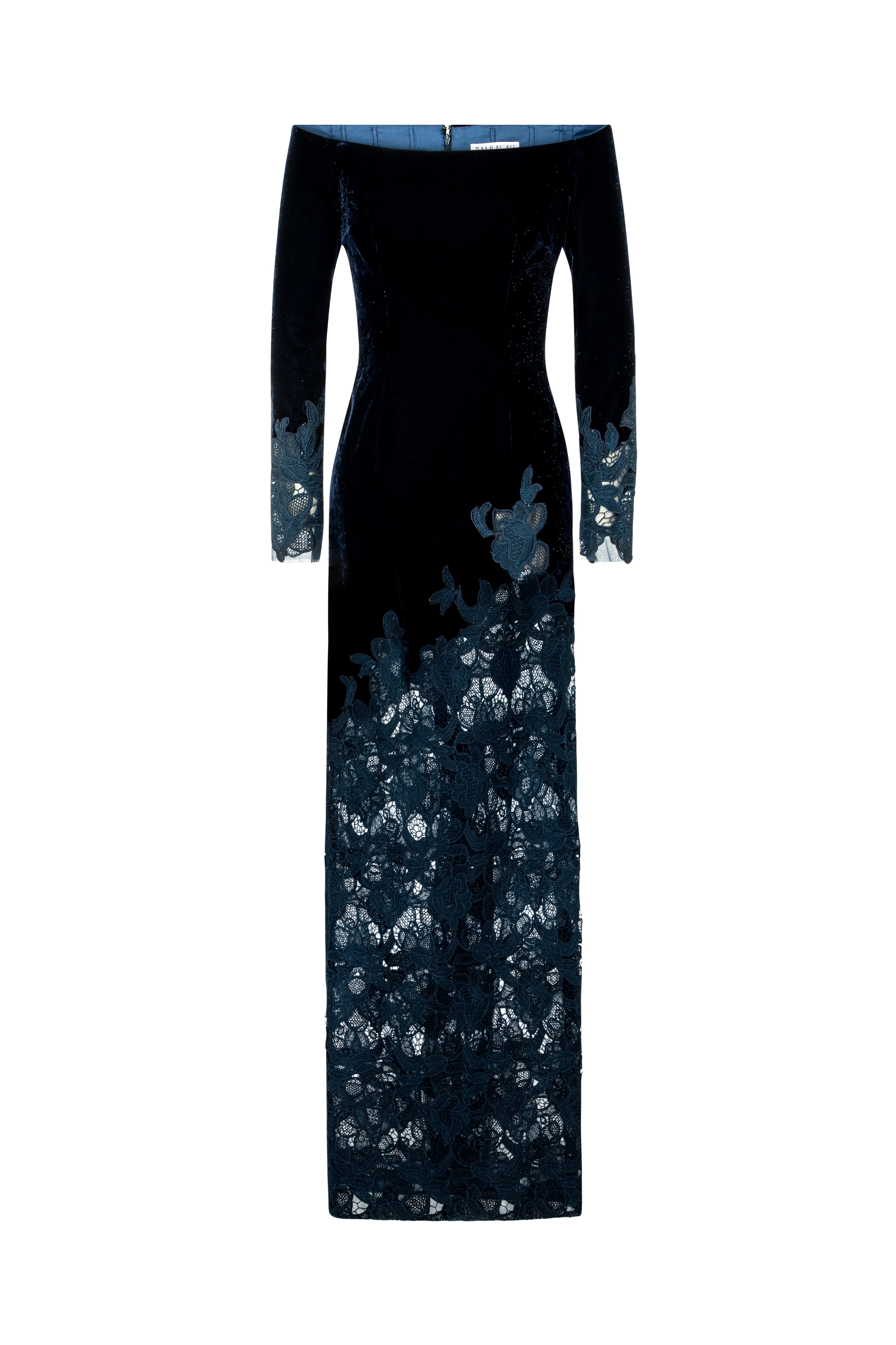 Off-Shoulder Velvet Gown With Lace Appliqué
