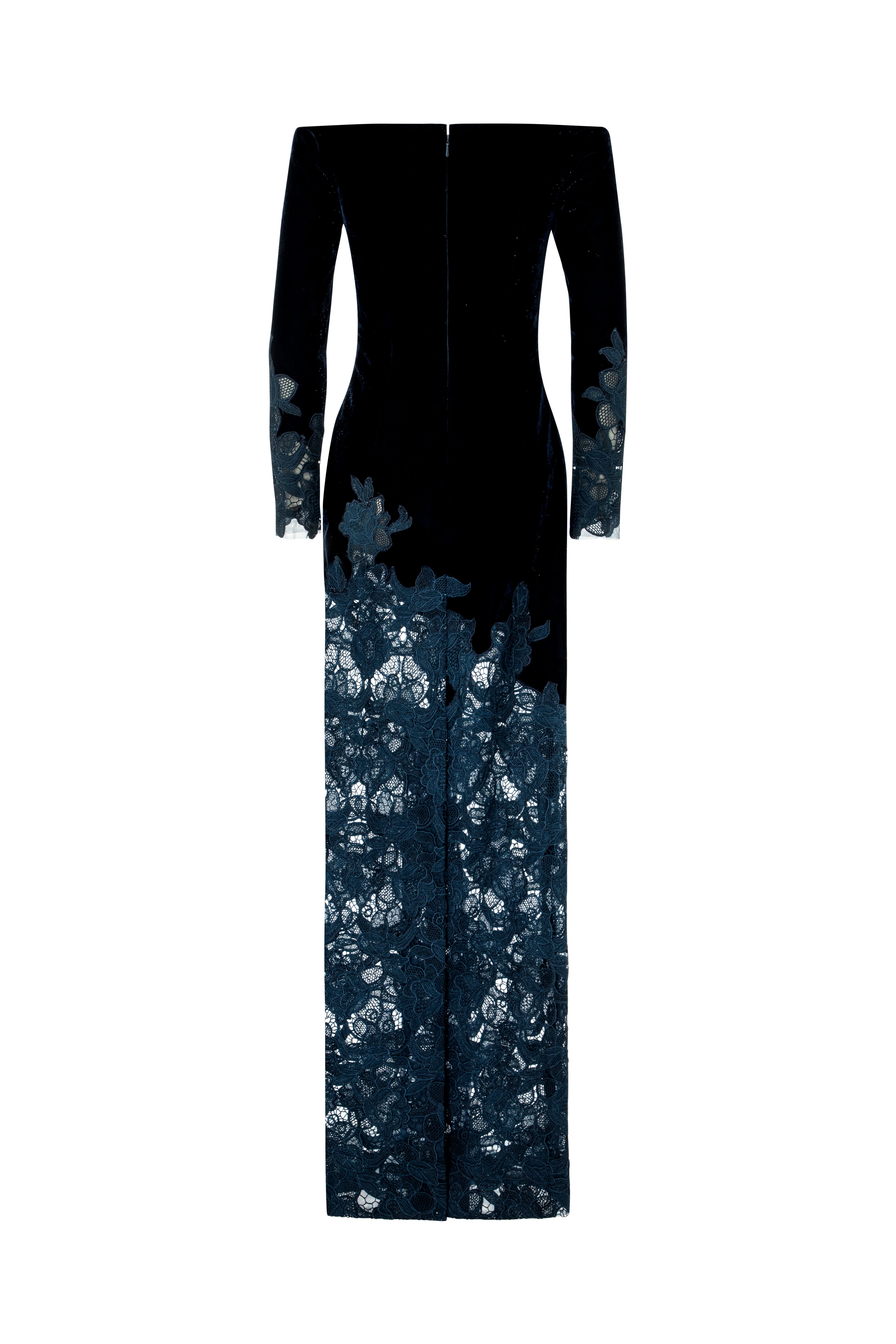 Off-Shoulder Velvet Gown With Lace Appliqué