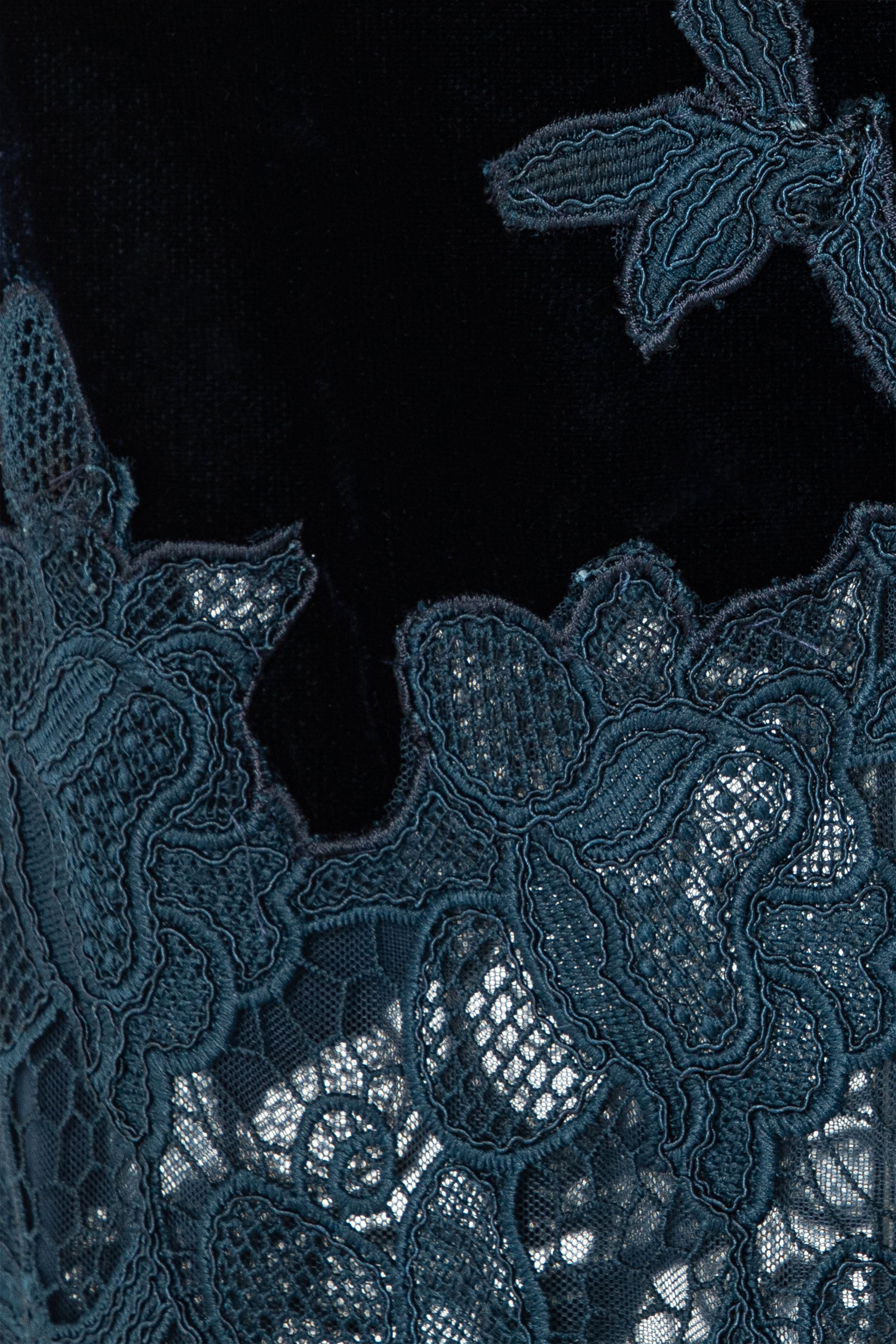 Off-Shoulder Velvet Gown With Lace Appliqué