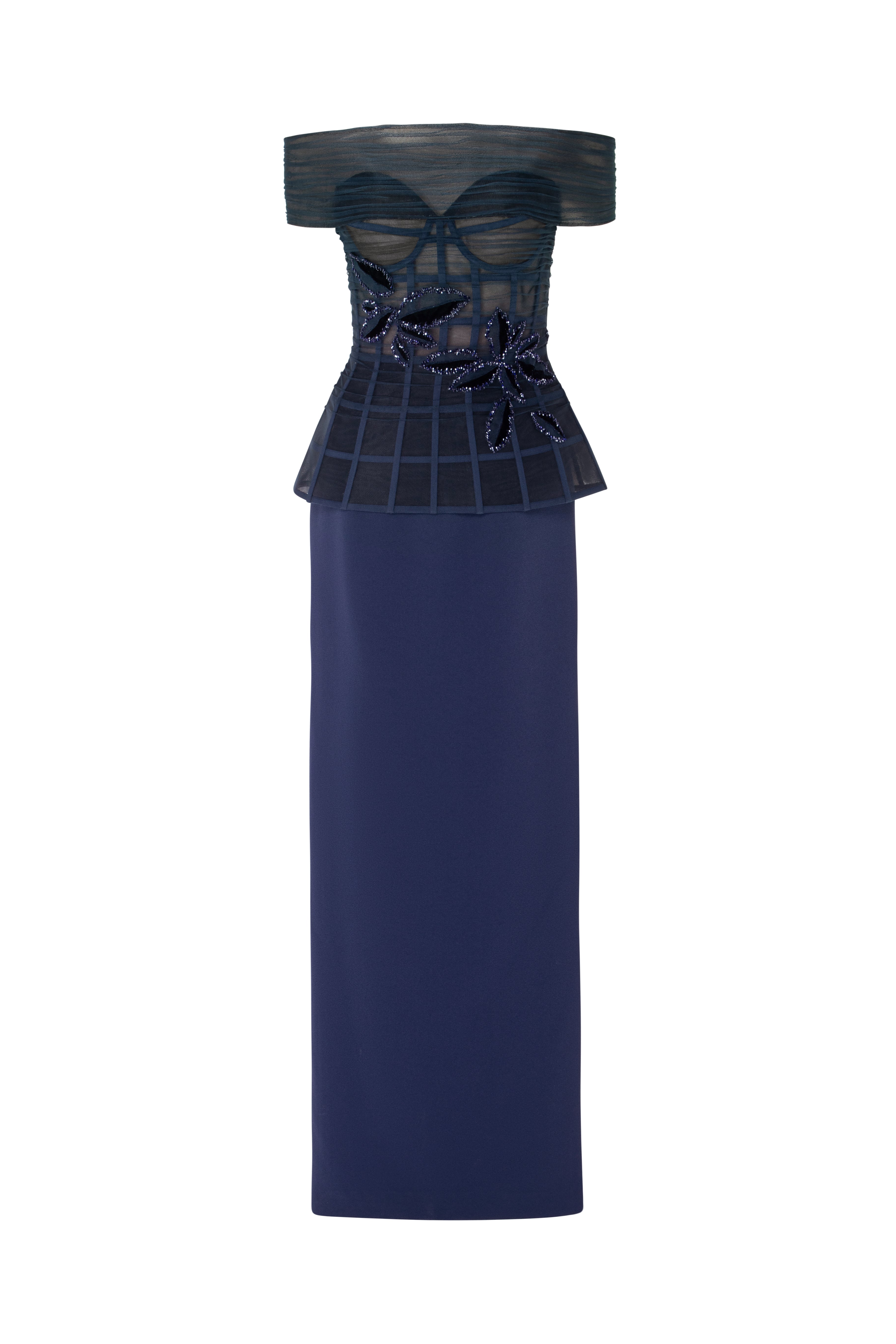 Off-Shoulder Sheer Corset Tubino Gown