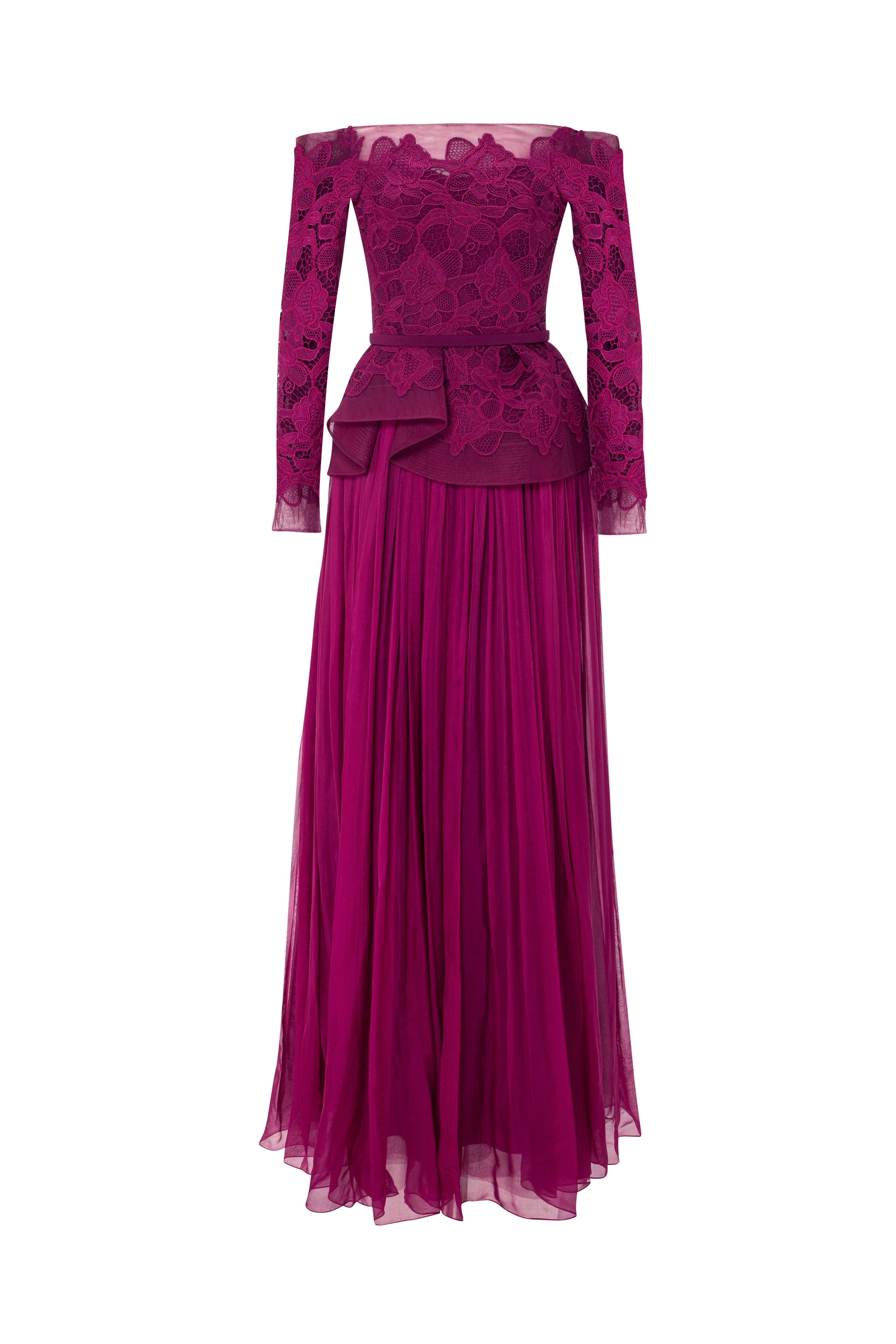 Off-Shoulder Gown With Peplum Top And Mousseline Skirt