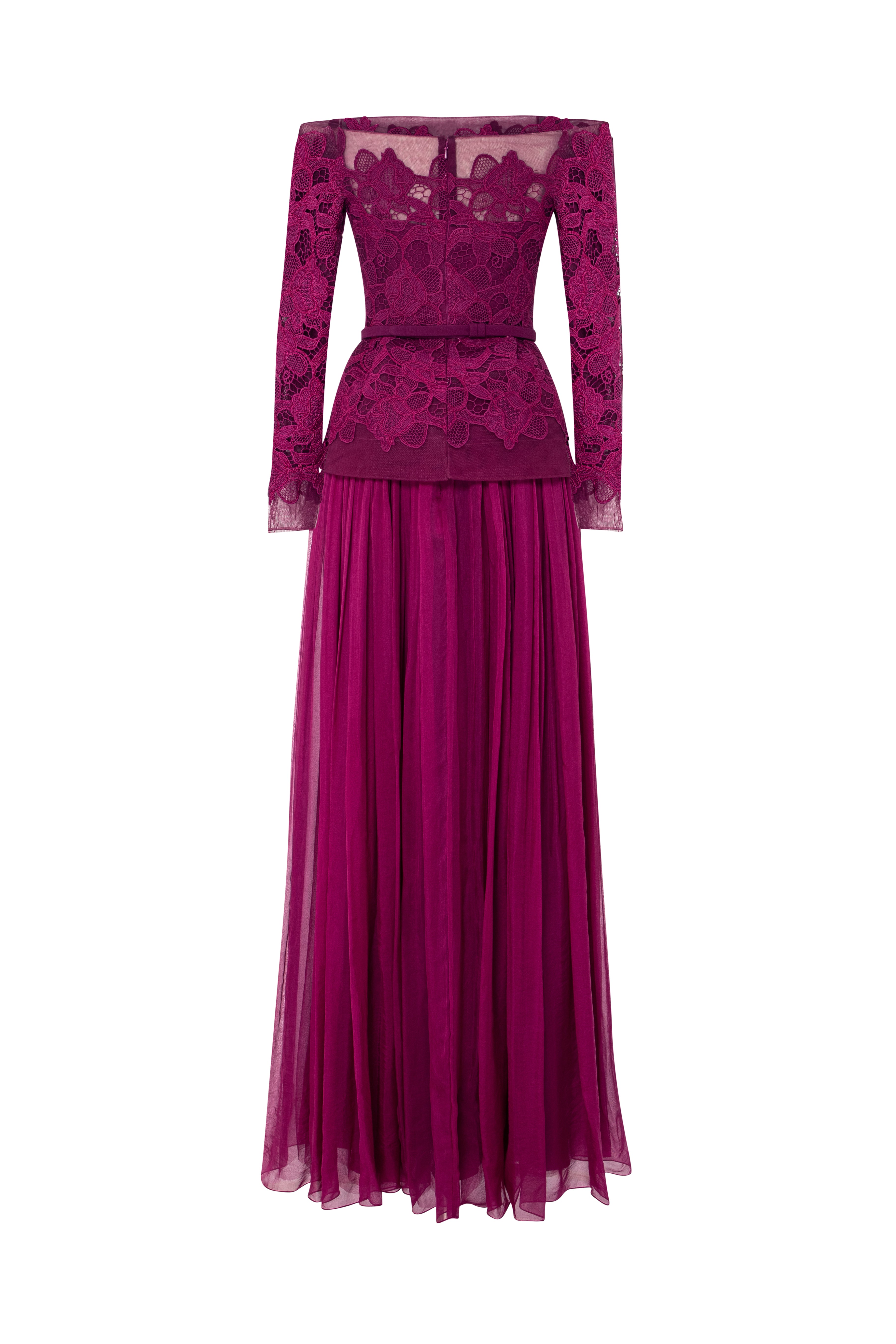Off-Shoulder Gown With Peplum Top And Mousseline Skirt