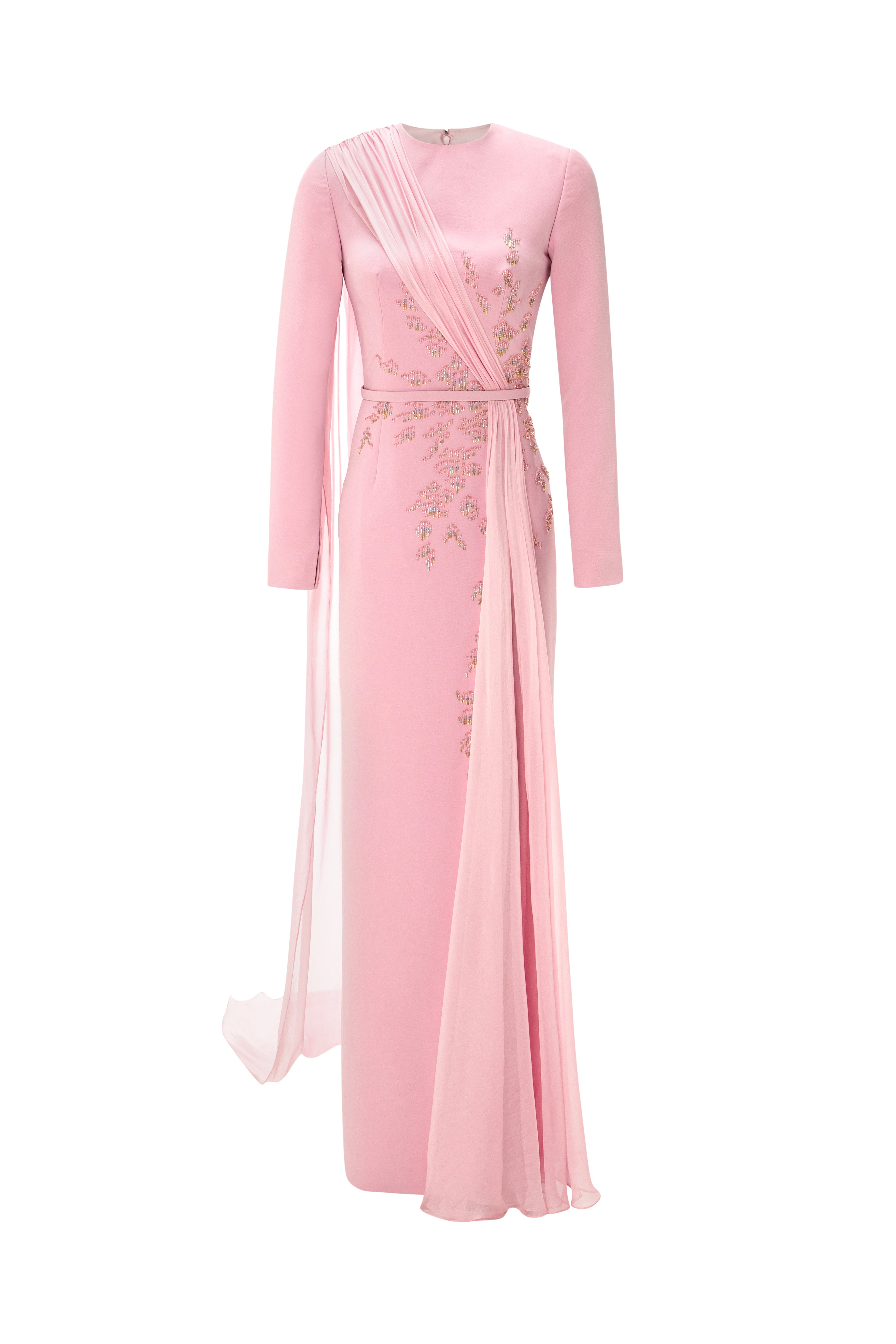 Fitted Gown With Embroidery And Draped Mousseline Overlay