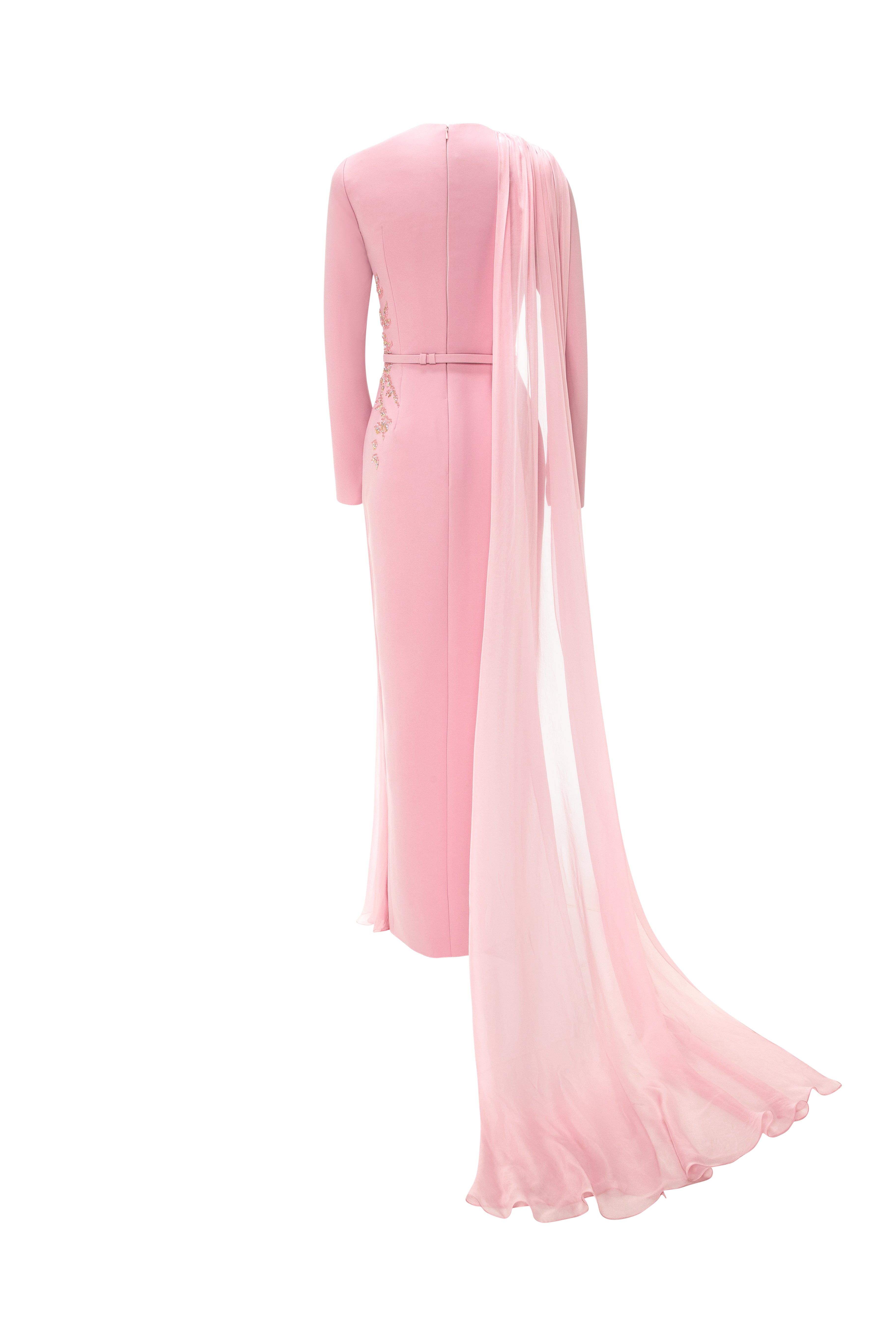 Fitted Gown With Embroidery And Draped Mousseline Overlay