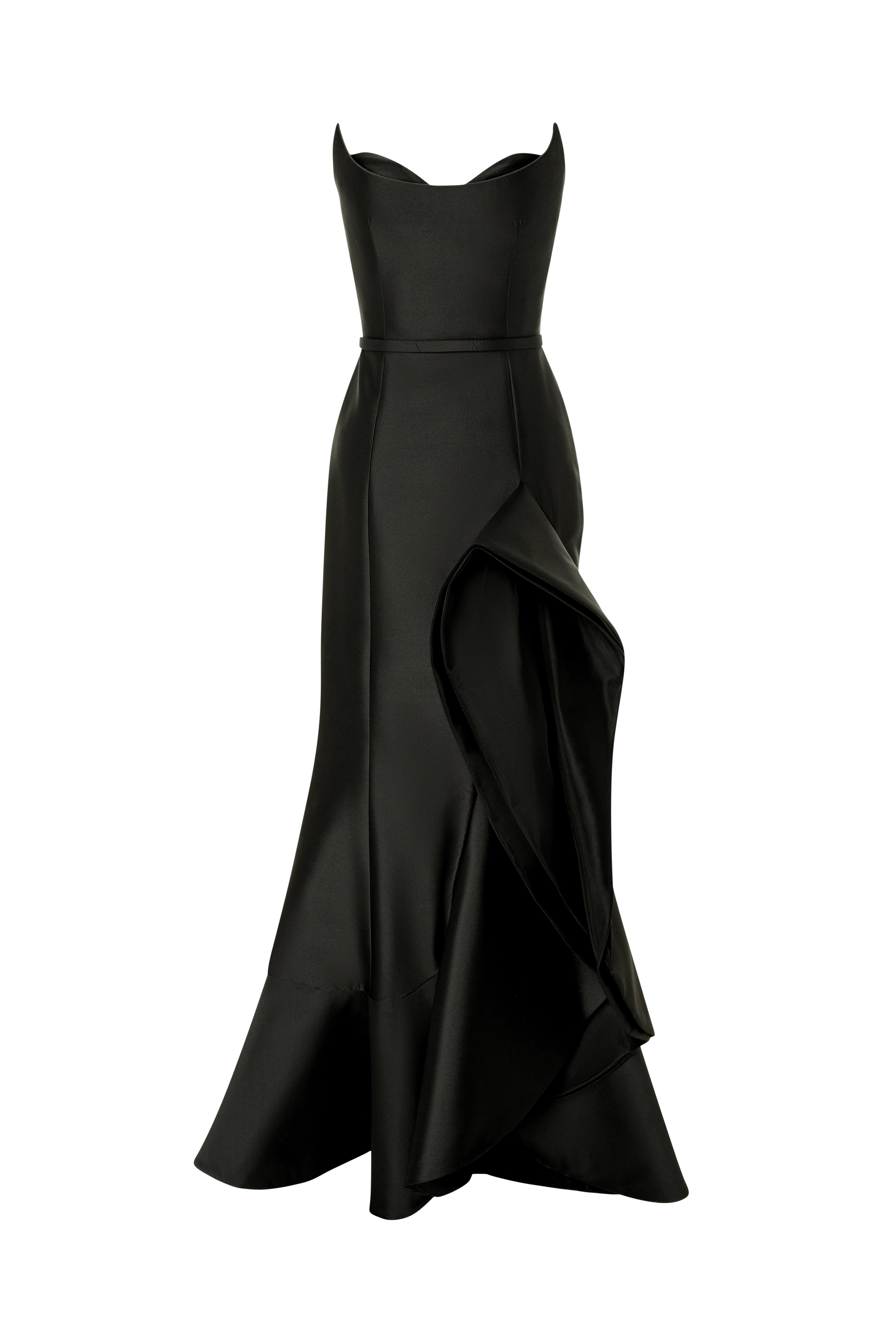 Sculptural Gown With Symmetric Ruffle Accent