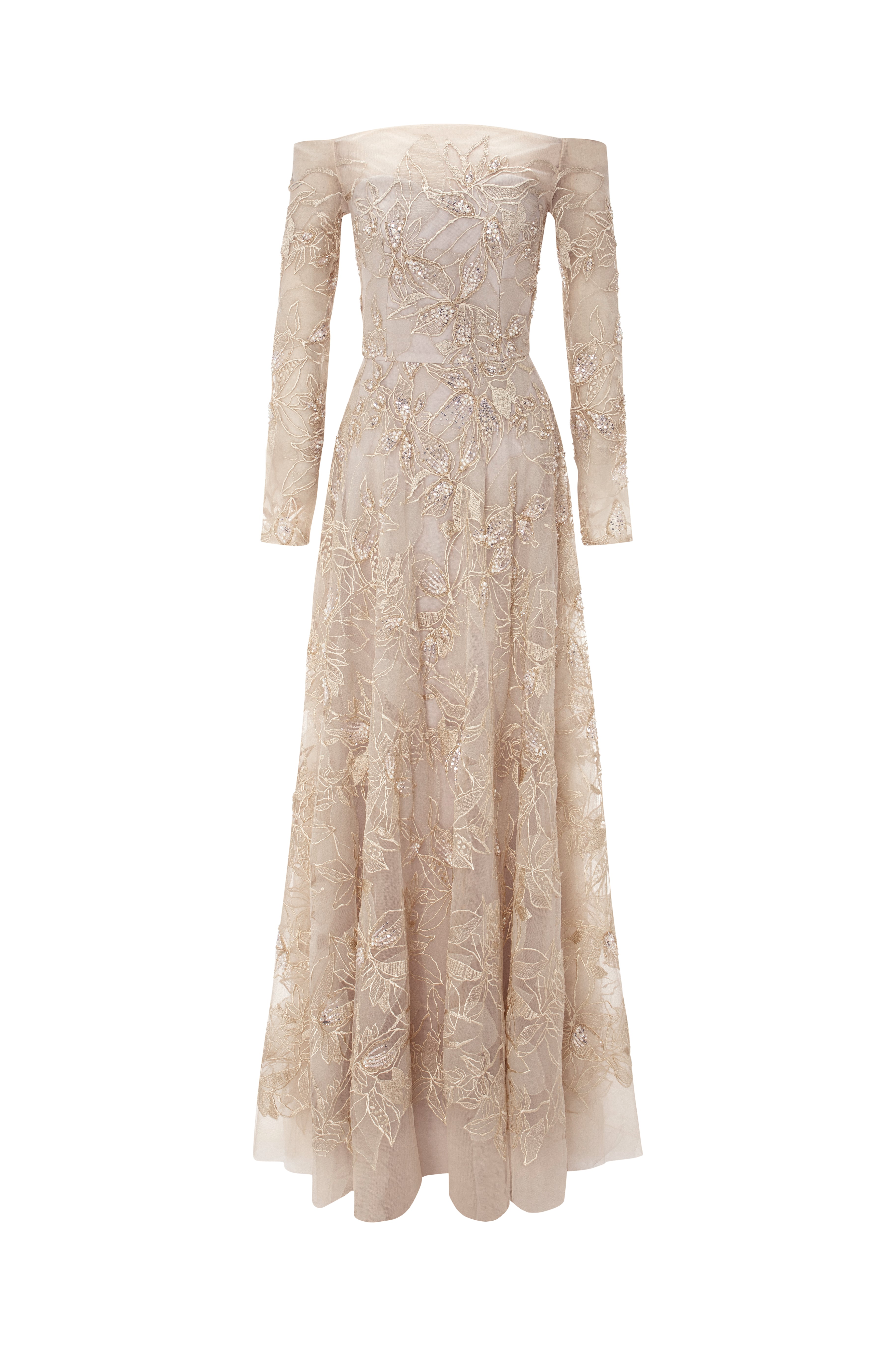 Fully Beaded Off-Shoulder Lace Gown