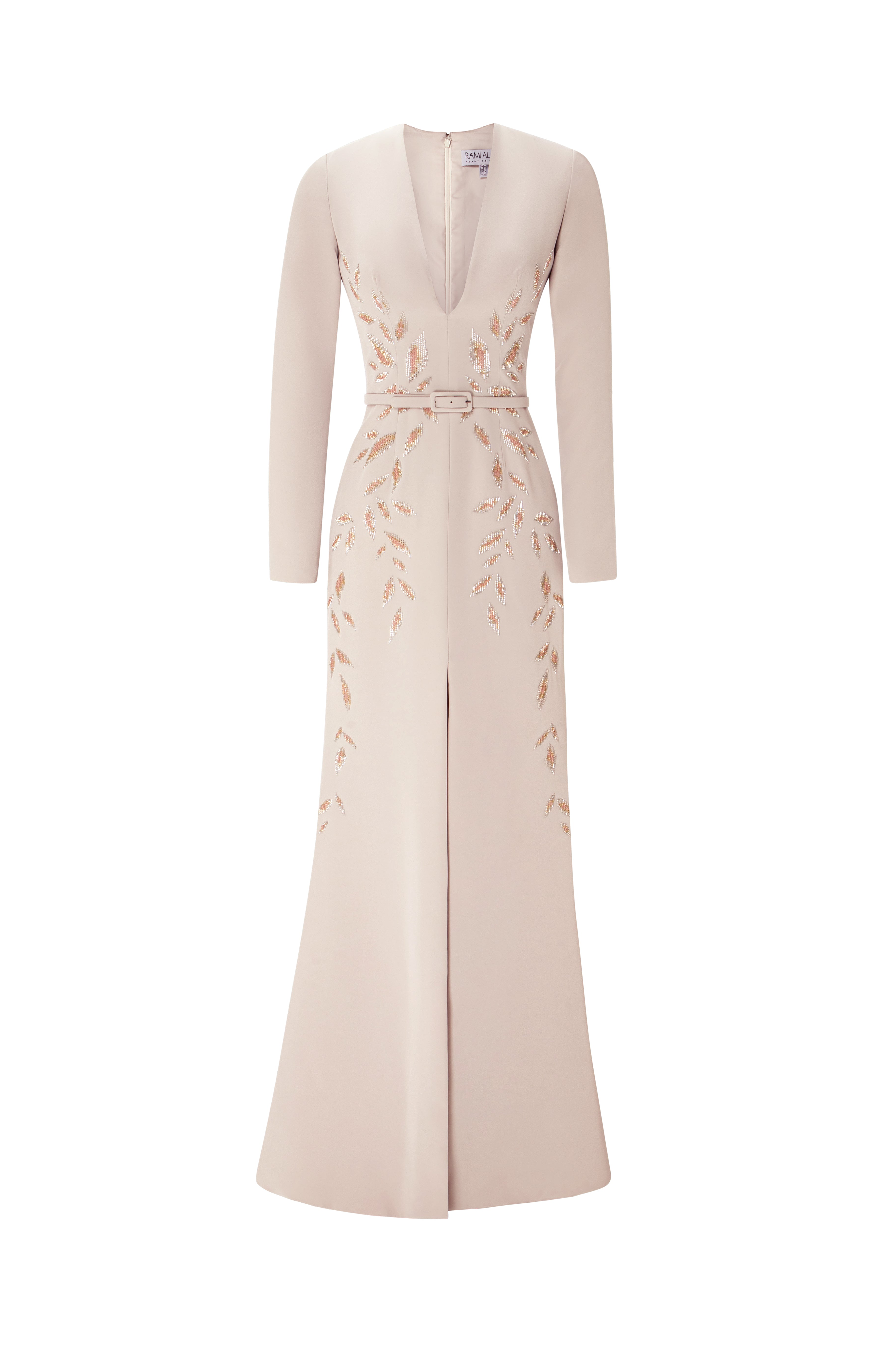 Sleek Gown With Deep Neckline And Intricate Embroidery