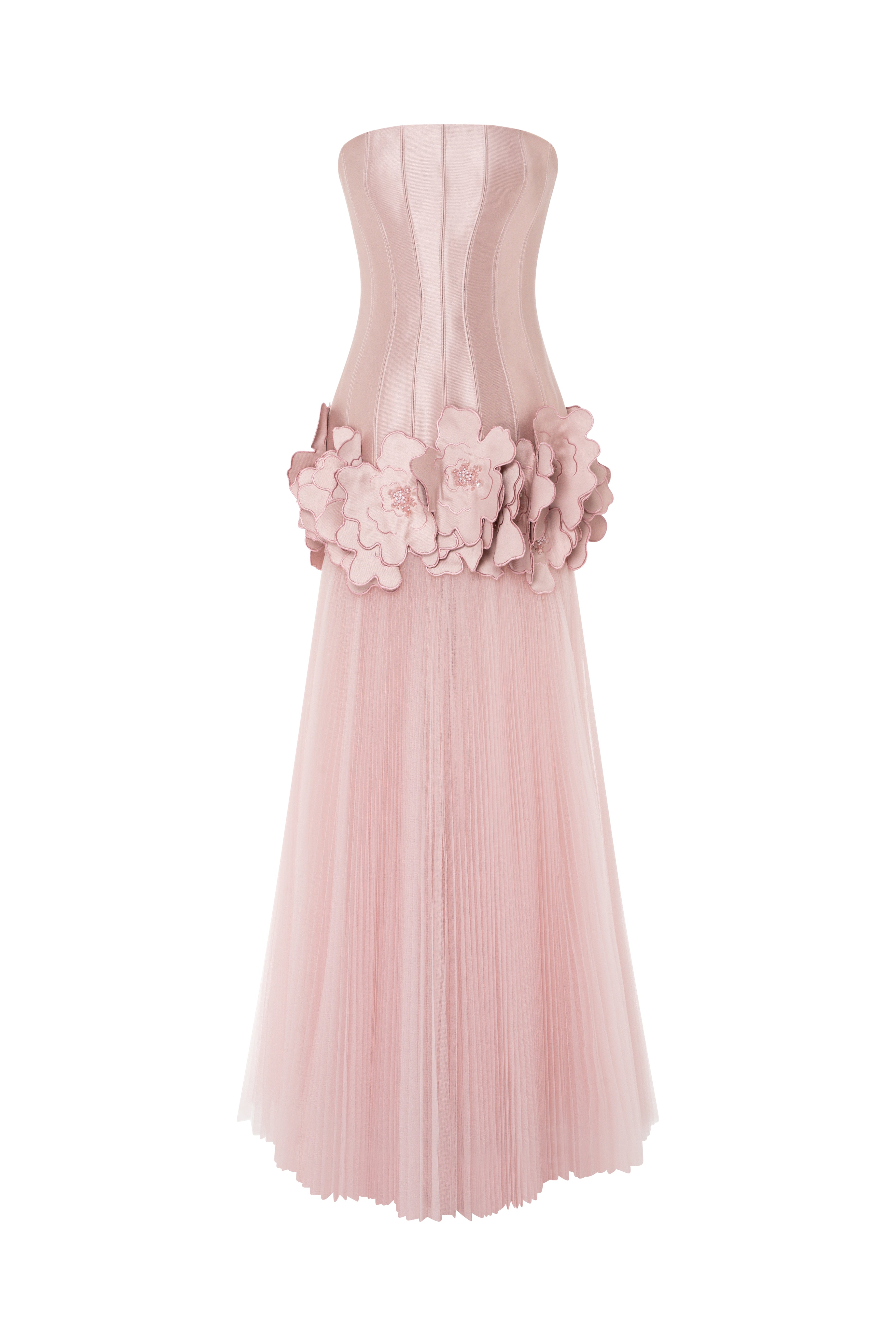 Strapless Gown With Beaded 3D Floral Appliqués And A Pleated Tulle Skirt.