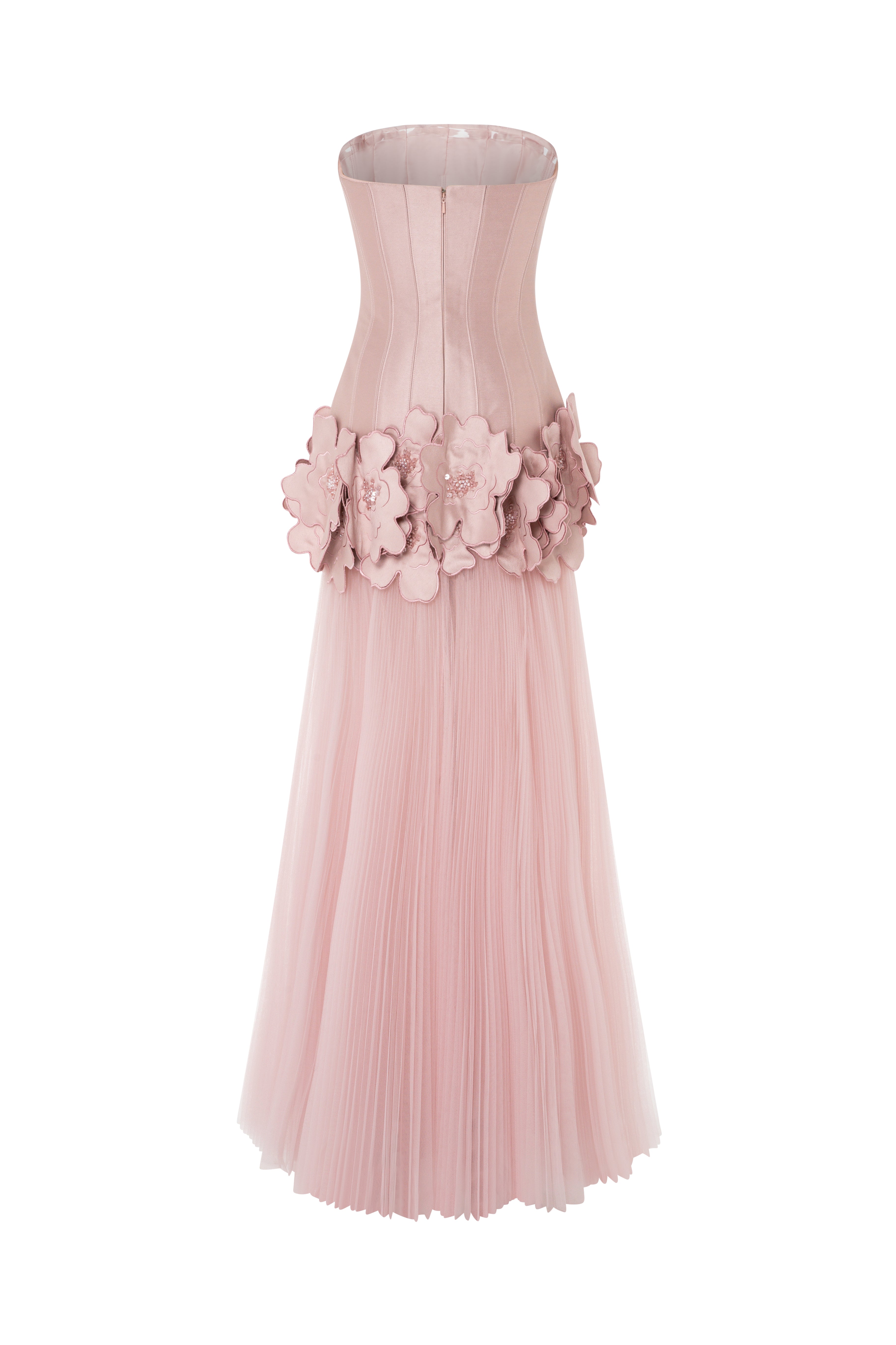 Strapless Gown With Beaded 3D Floral Appliqués And A Pleated Tulle Skirt.