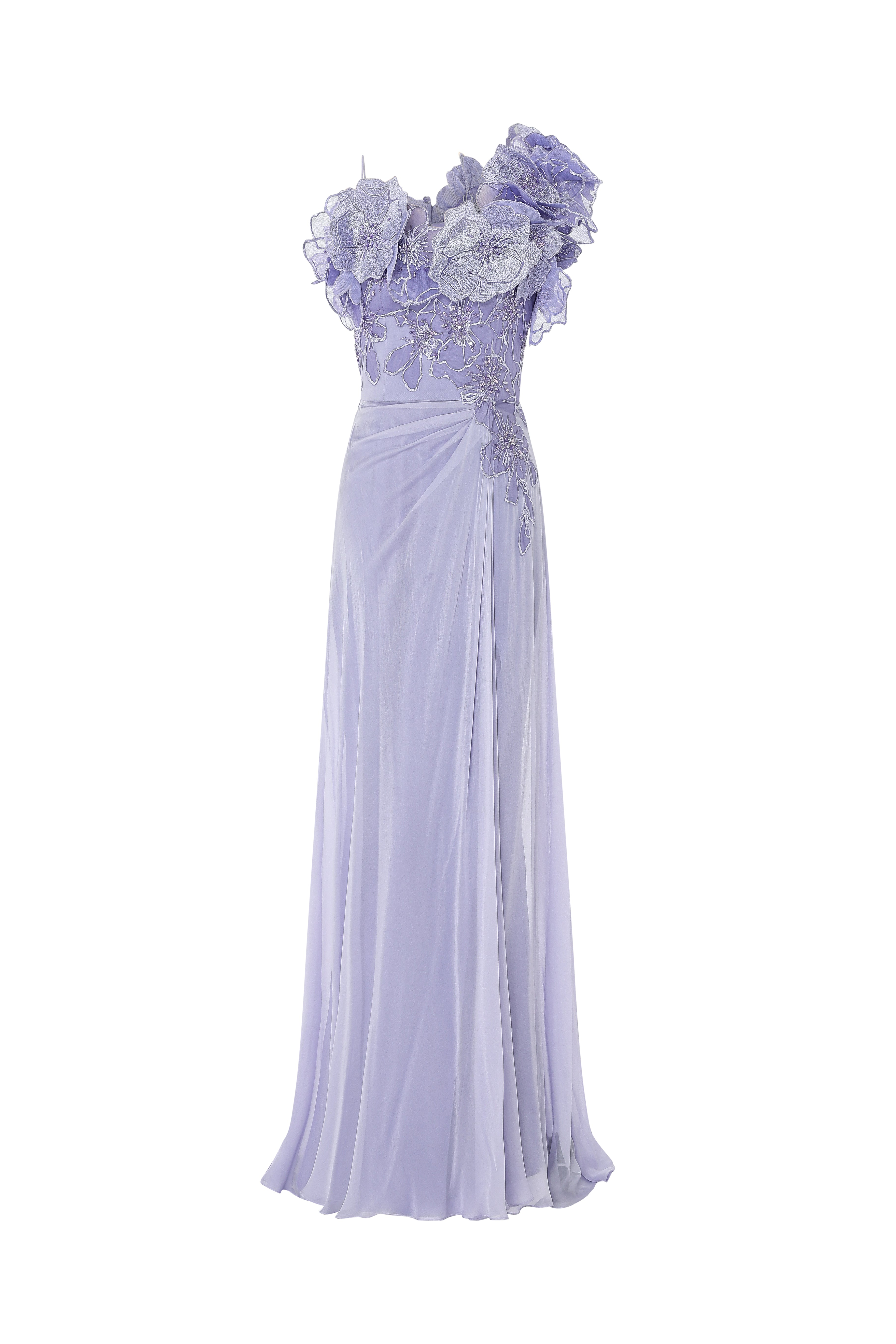 Mousseline Gown With Beaded 3D Floral Bodice And Draped Slit Skirt.