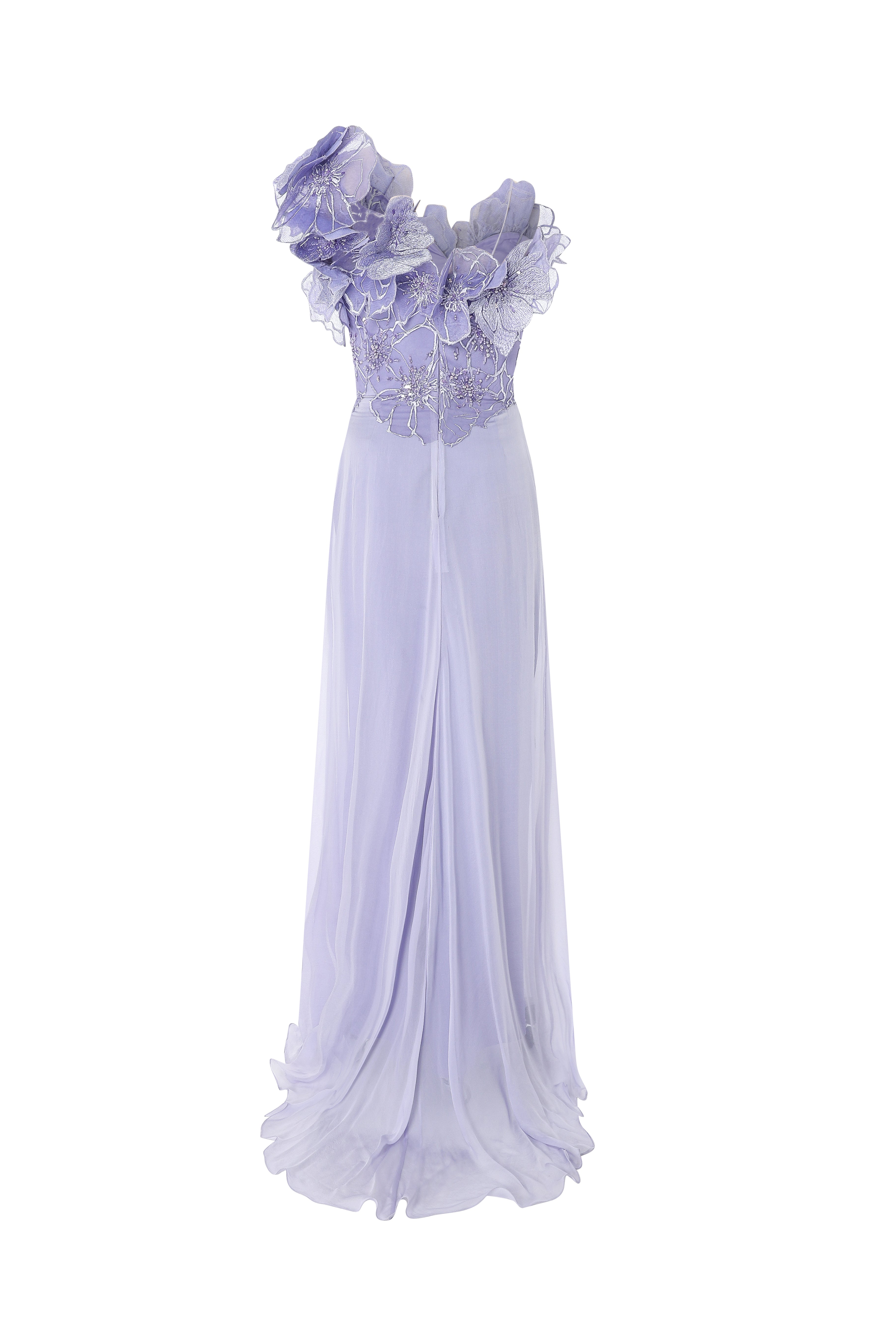 Mousseline Gown With Beaded 3D Floral Bodice And Draped Slit Skirt.