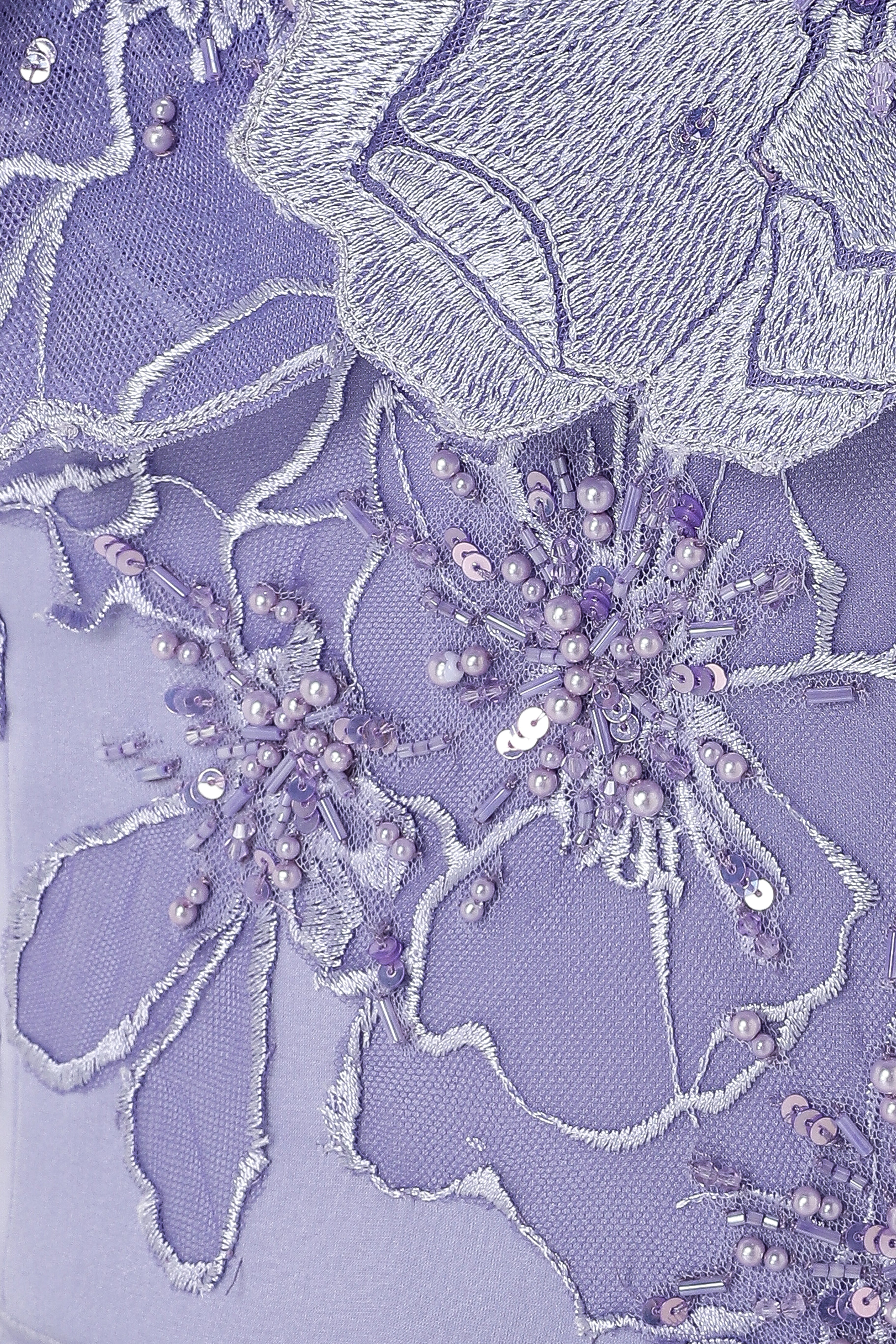 Mousseline Gown With Beaded 3D Floral Bodice And Draped Slit Skirt.