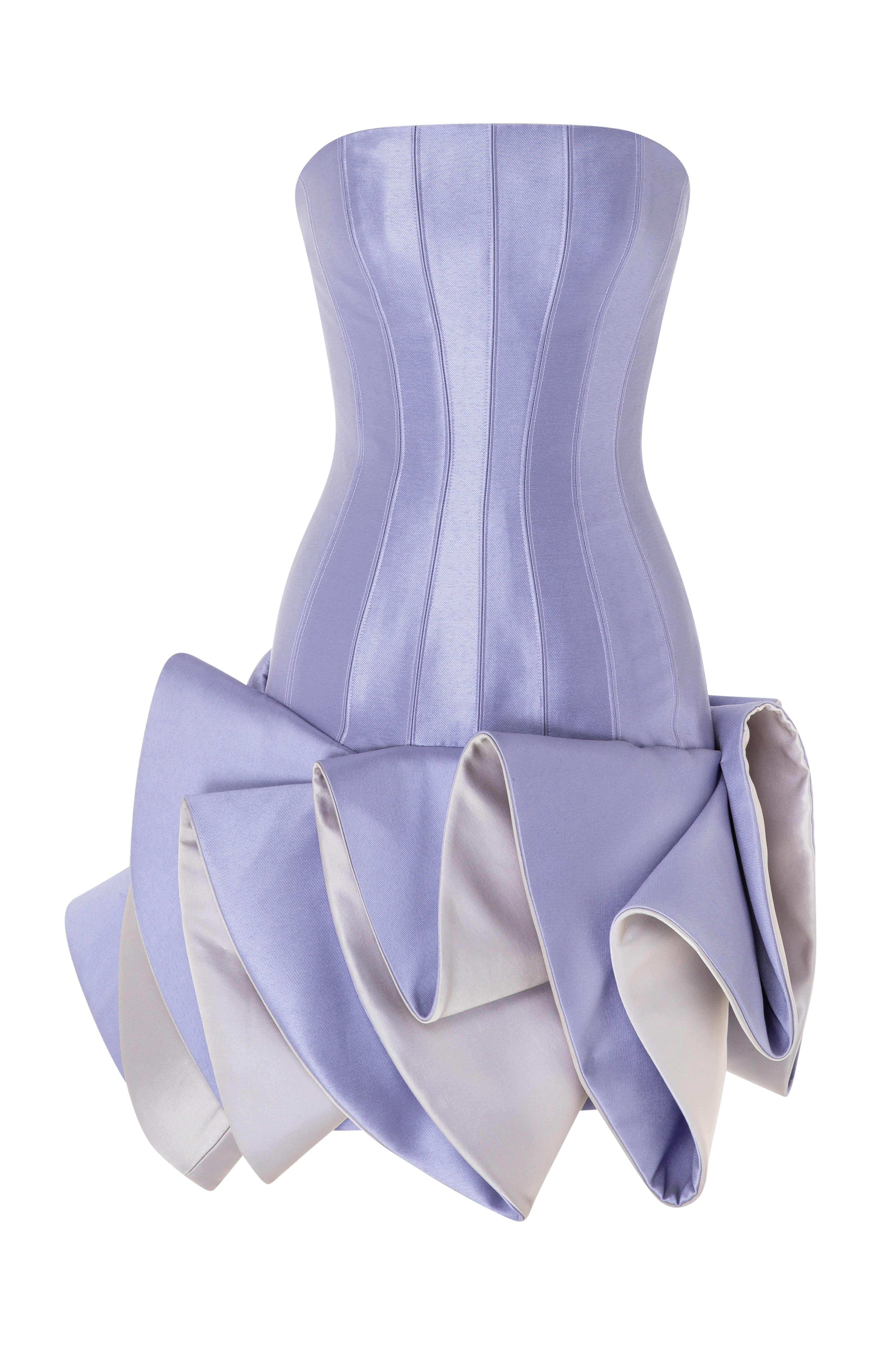 Strapless Short Dress With Corset Bodice And Sculpted Skirt.