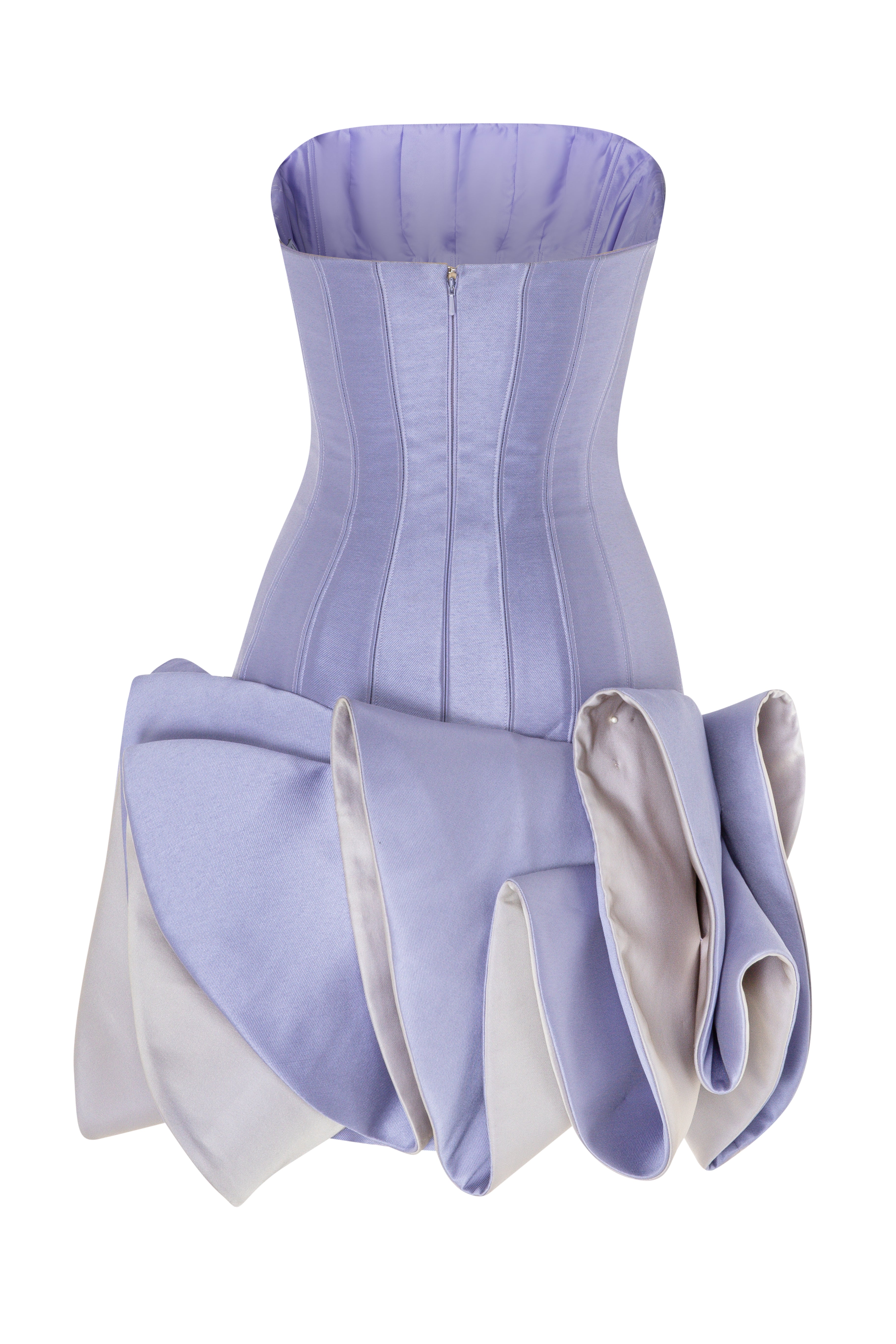 Strapless Short Dress With Corset Bodice And Sculpted Skirt.