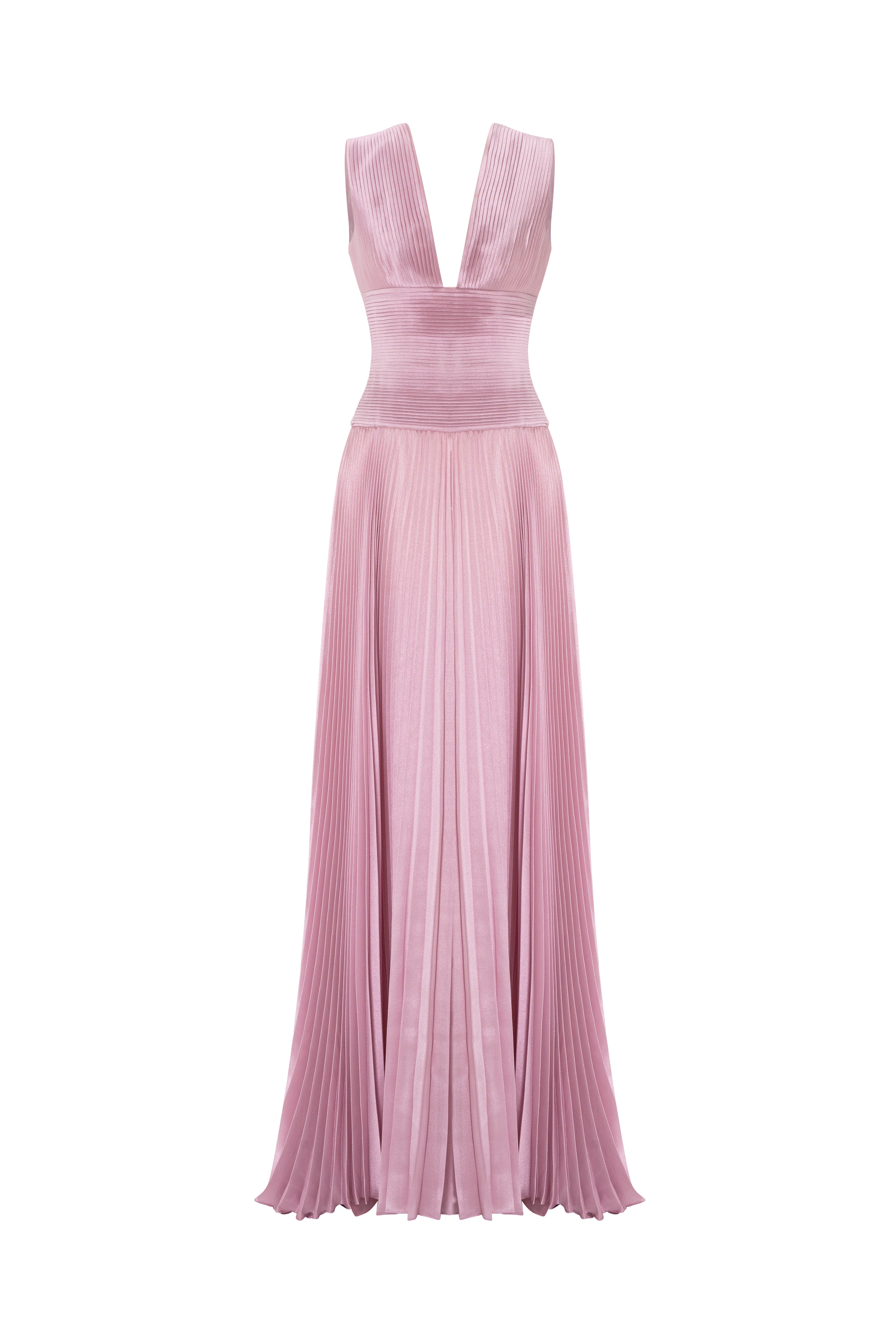 Pleated Gown With Plunging Neckline And Defined Waist. Pleated Gown With Plunging Neckline And Defined Waist.