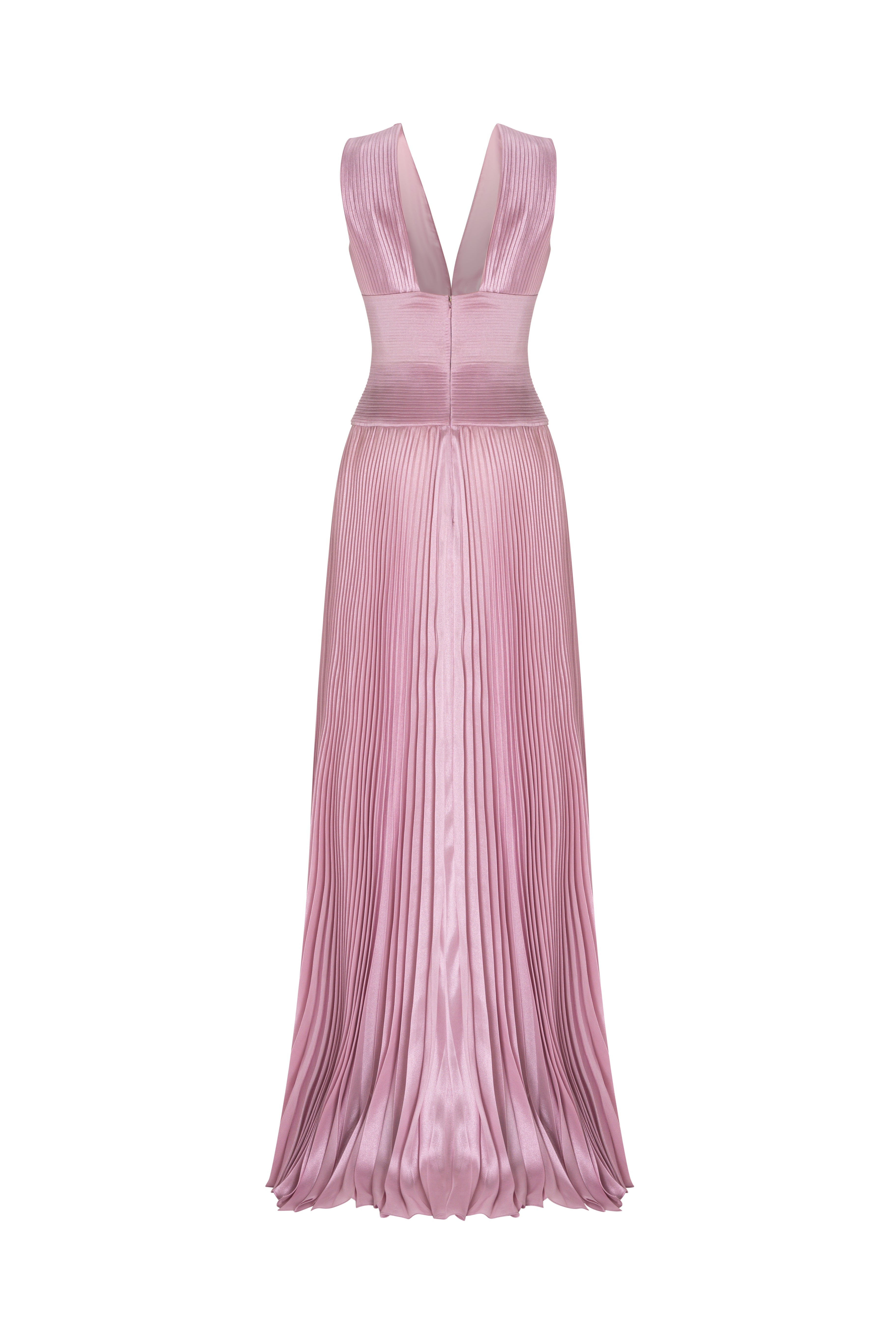 Pleated Gown With Plunging Neckline And Defined Waist.