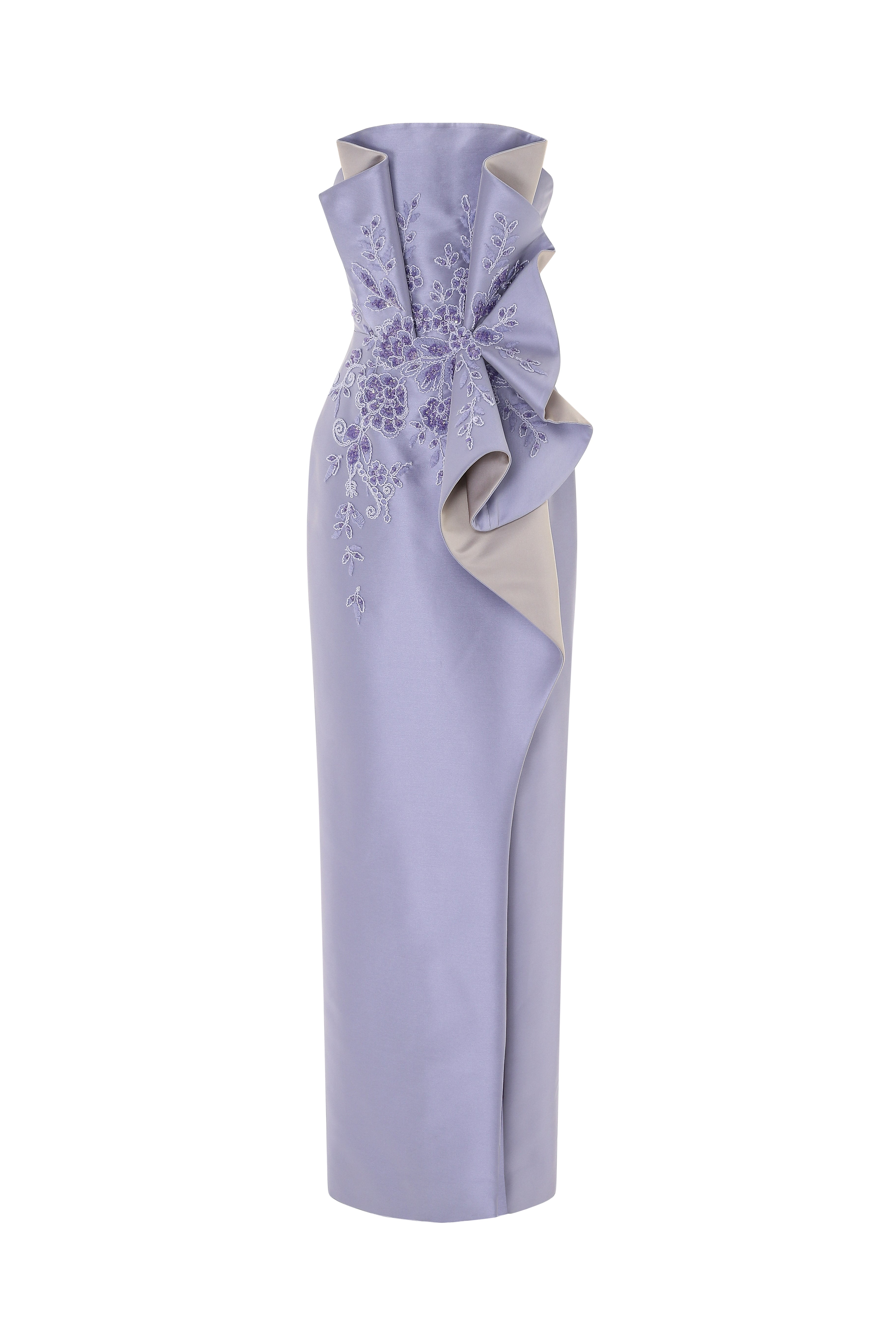 Strapless Embroidered Tubino Dress With Sculpted Drape Detail.