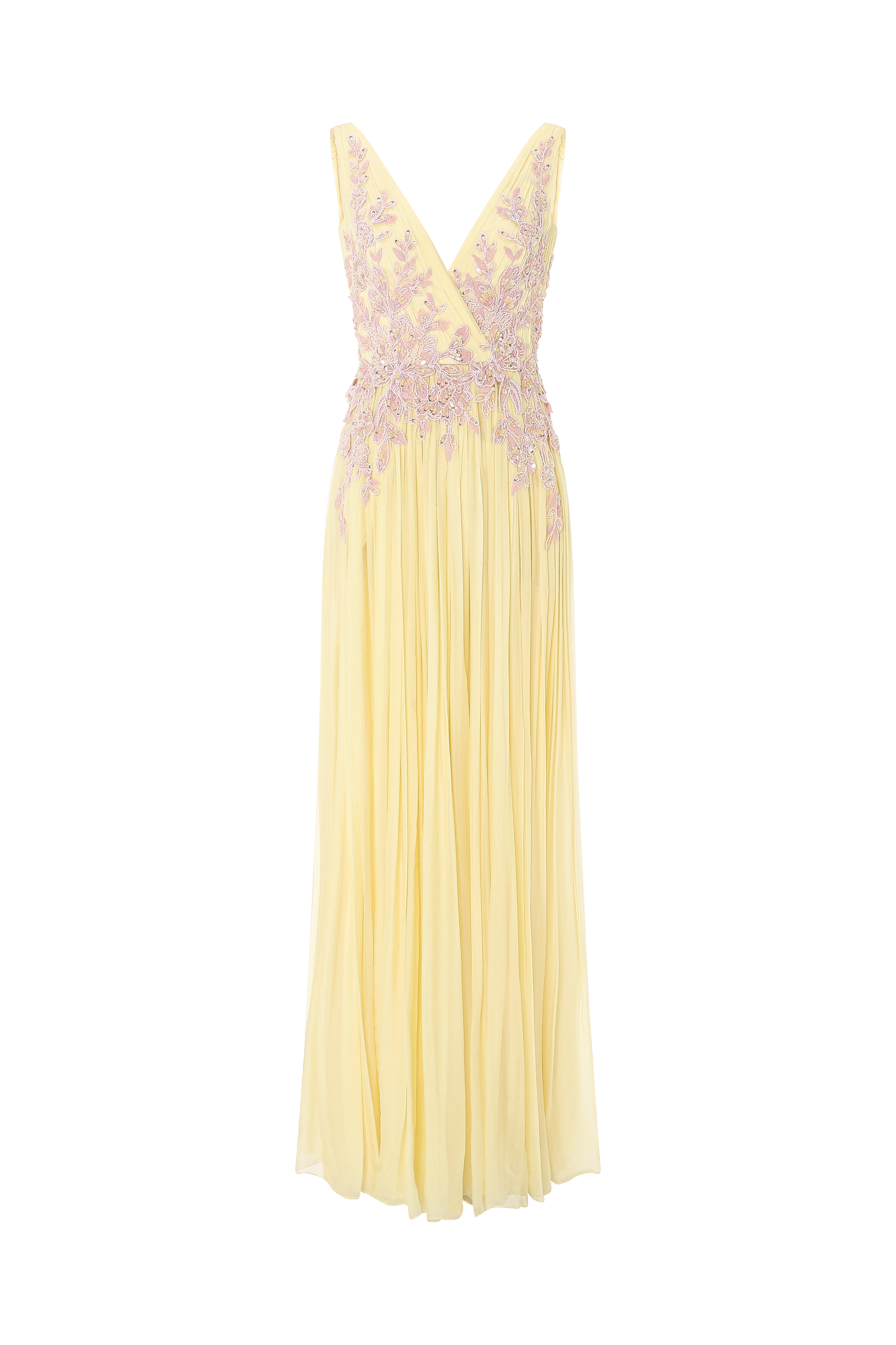 macy's yellow prom dress Mousseline Draped Gown With Embroidered Bodice And Skirt - Luxury Evening Dress | Rami Al Ali Lemonade / FR 48