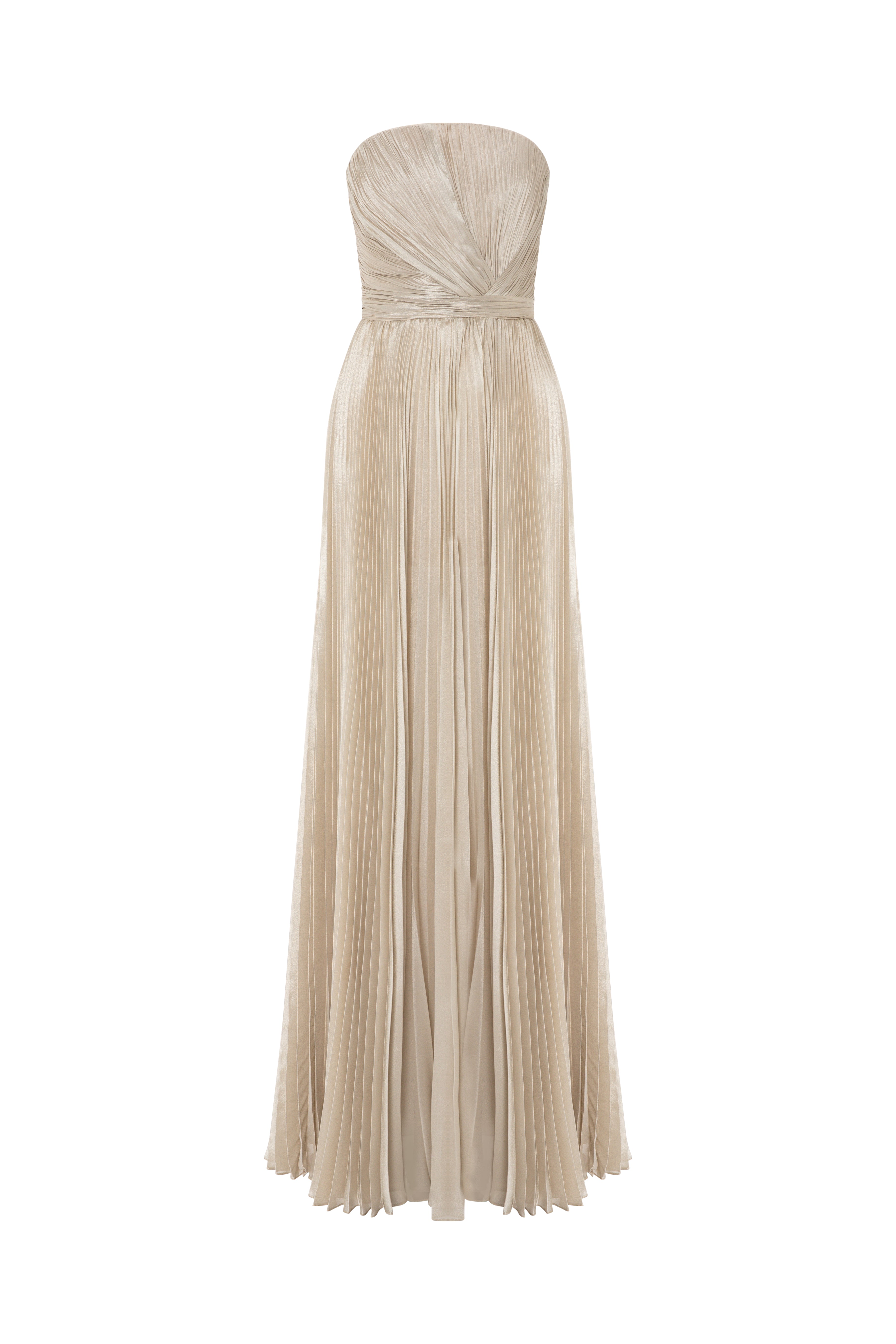 Strapless Lamé Pleated Gown With Asymmetrically Draped Bodice.