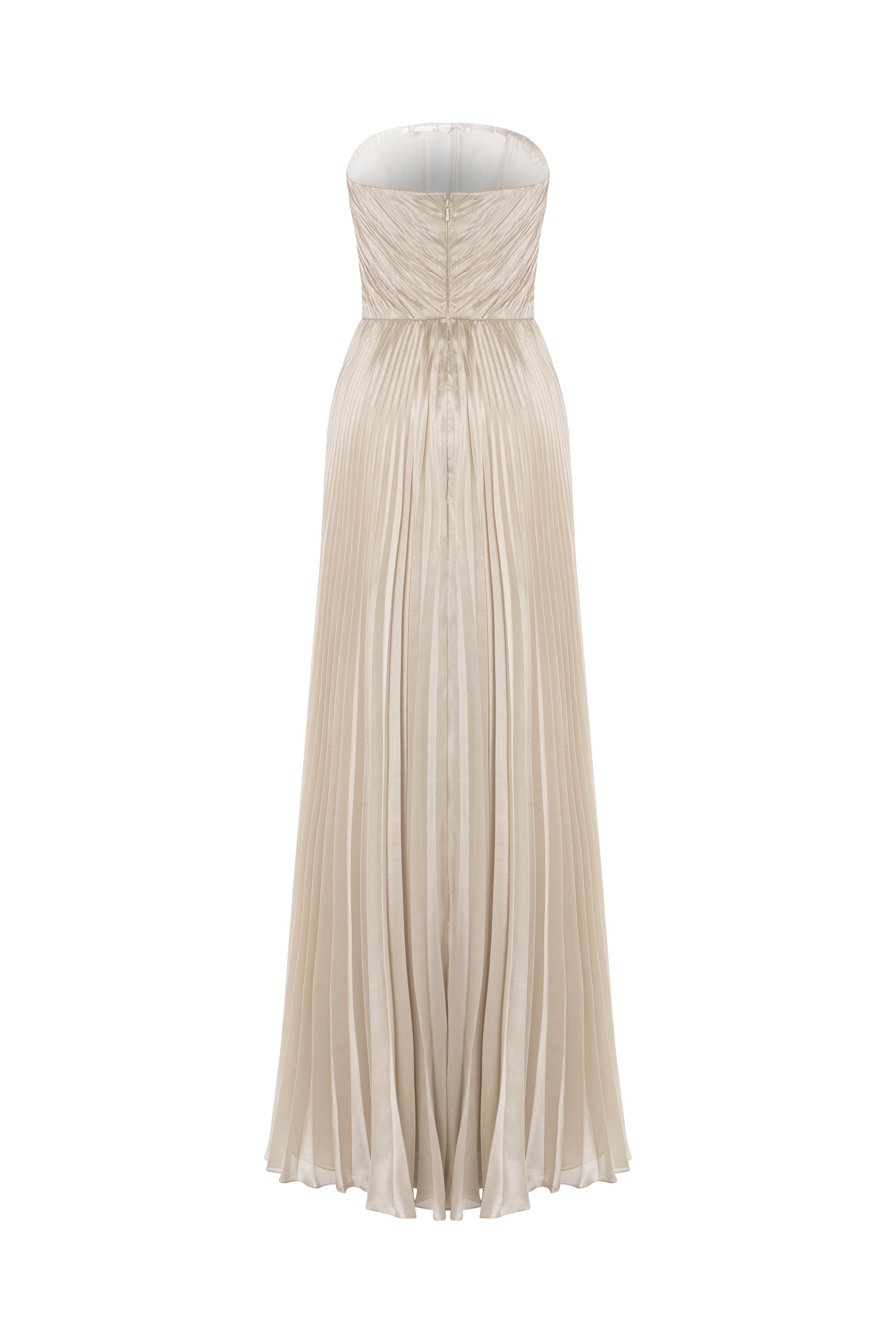 Strapless Lamé Pleated Gown With Asymmetrically Draped Bodice.